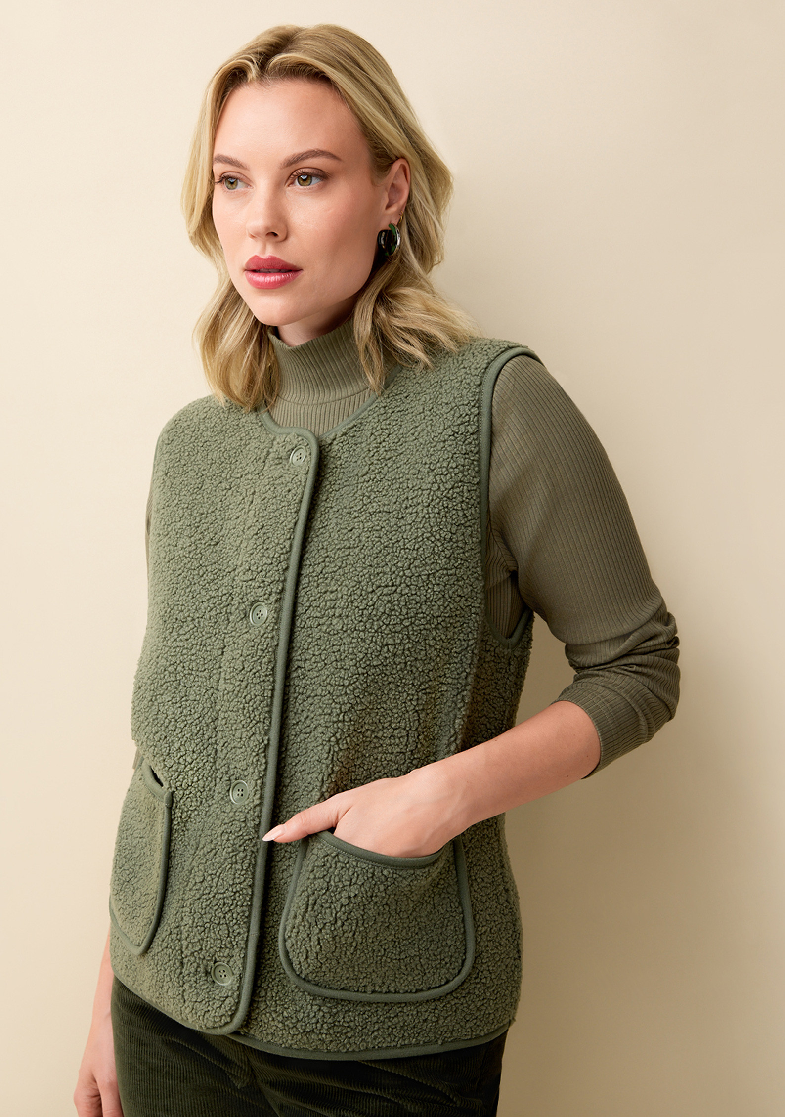 Sherpa Button Front Vest Half Body - Thyme Green