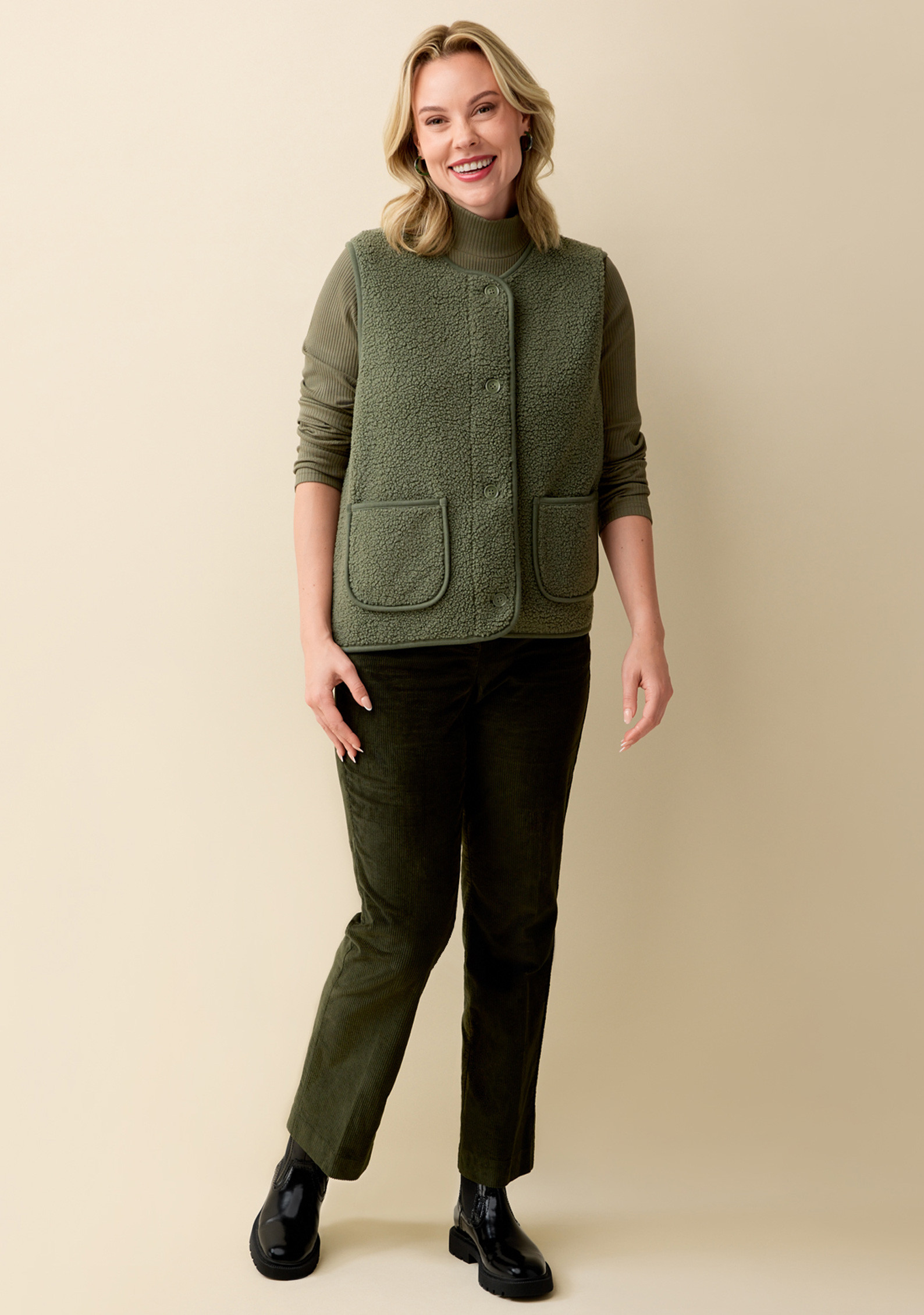 Sherpa Button Front Vest Full Body - Thyme Green