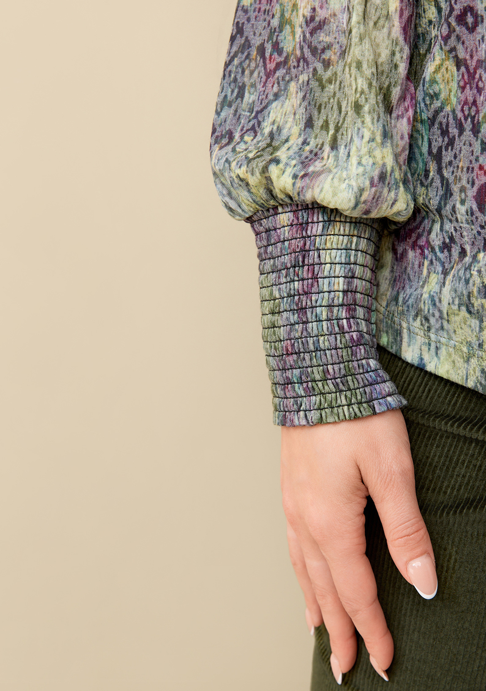 Y-Neck Patterned Top Close Up