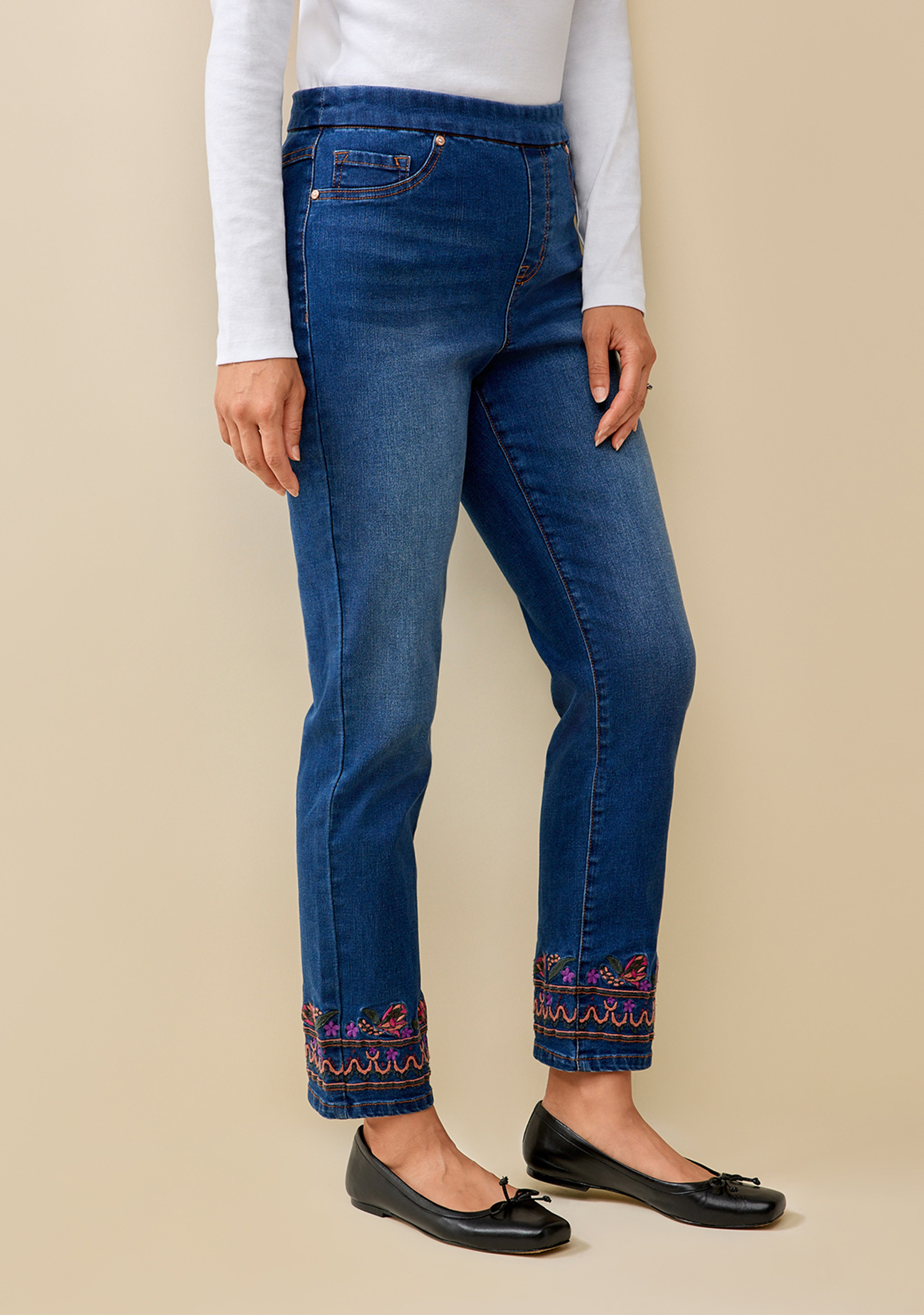 Embroidered Pull On Jean Half Body