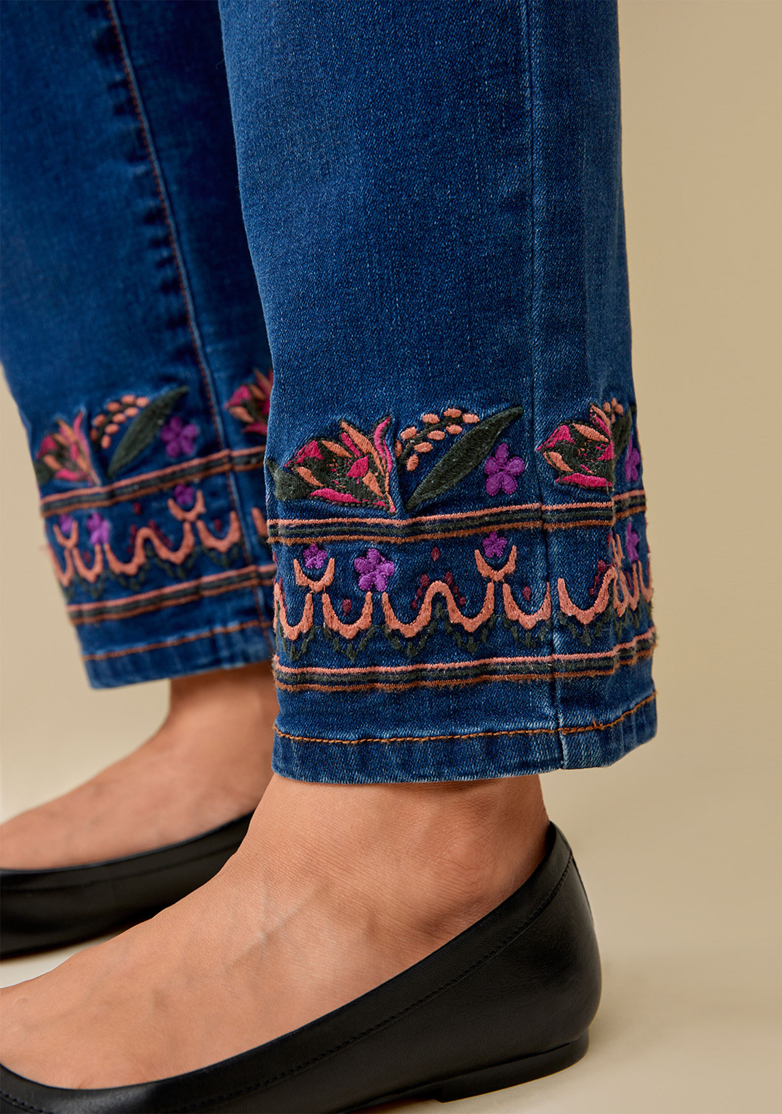Embroidered Pull On Jean Close Up
