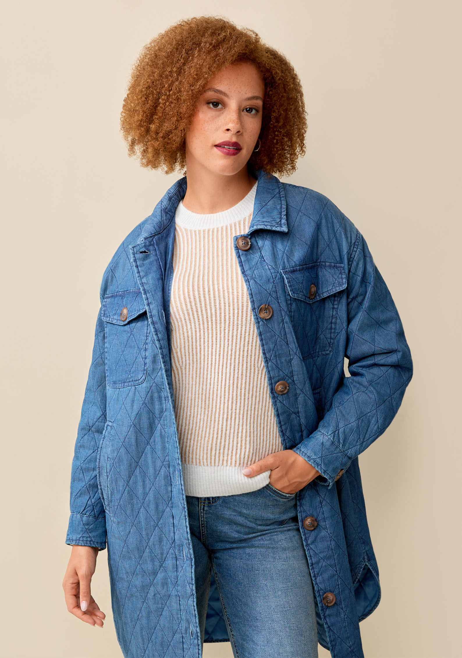 Long Quilted Denim Jacket Full Body