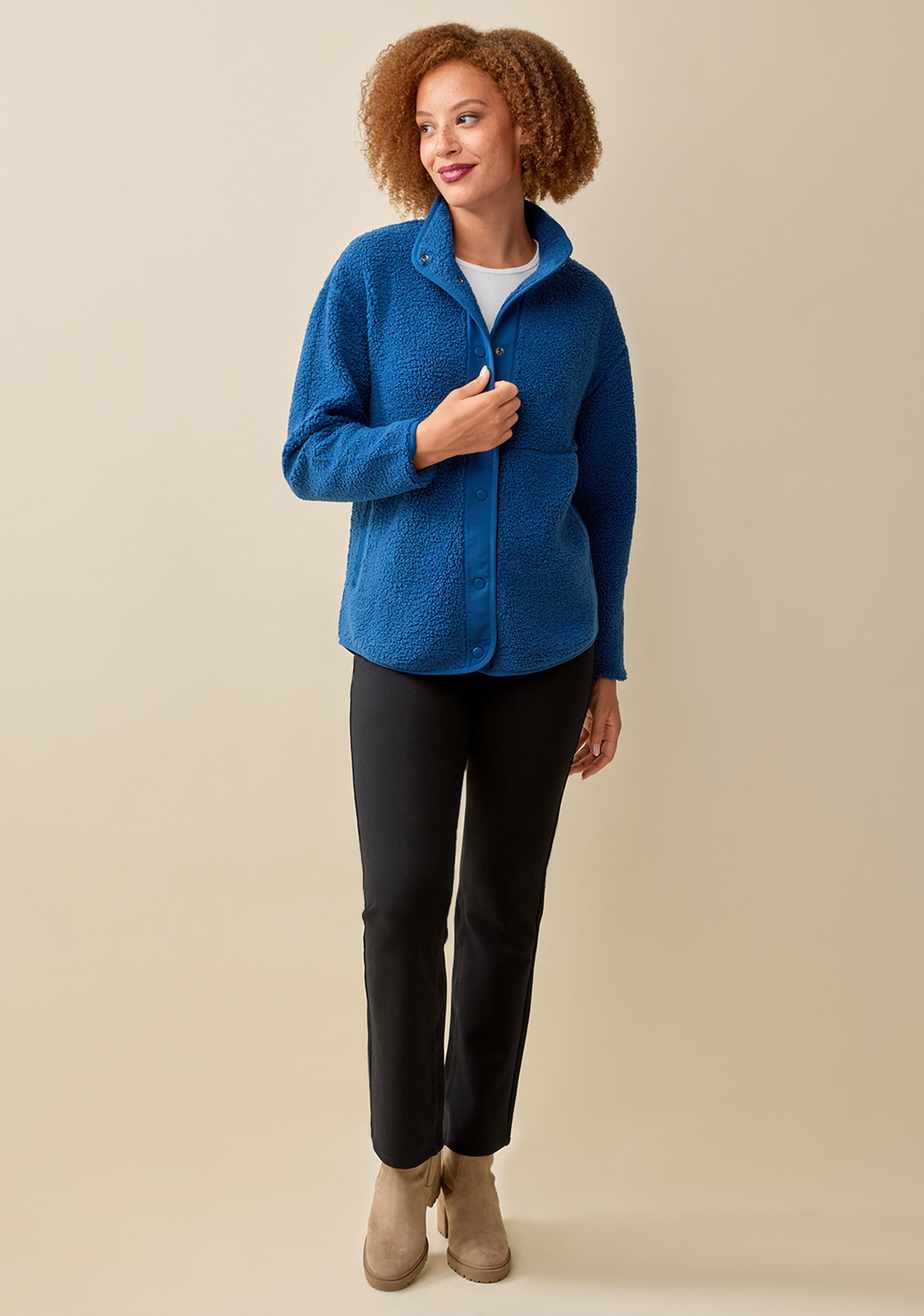Mixed Media Snap Up Teddy Jacket Full Body