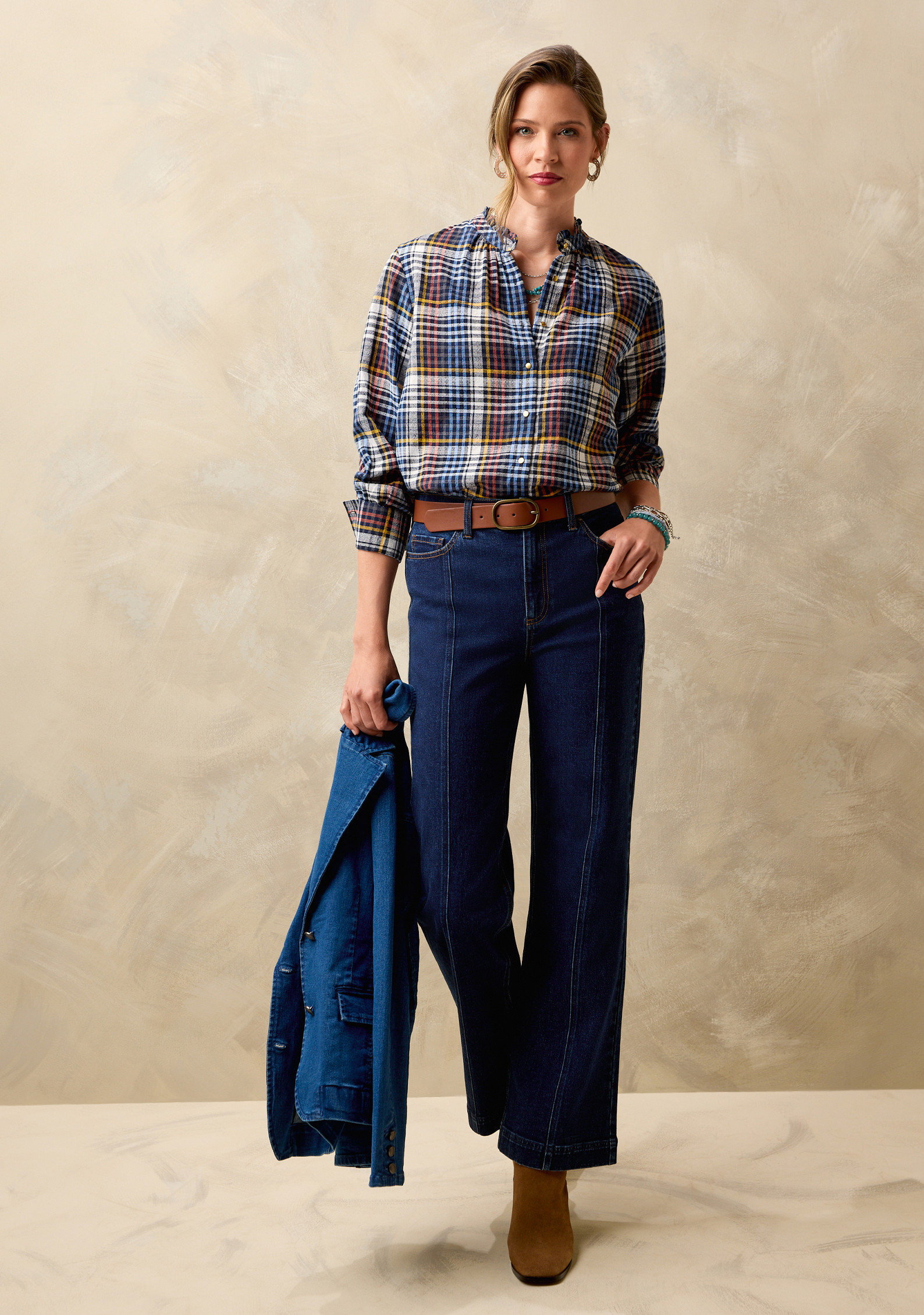 Ruffle Neck Plaid Shirt Full Body