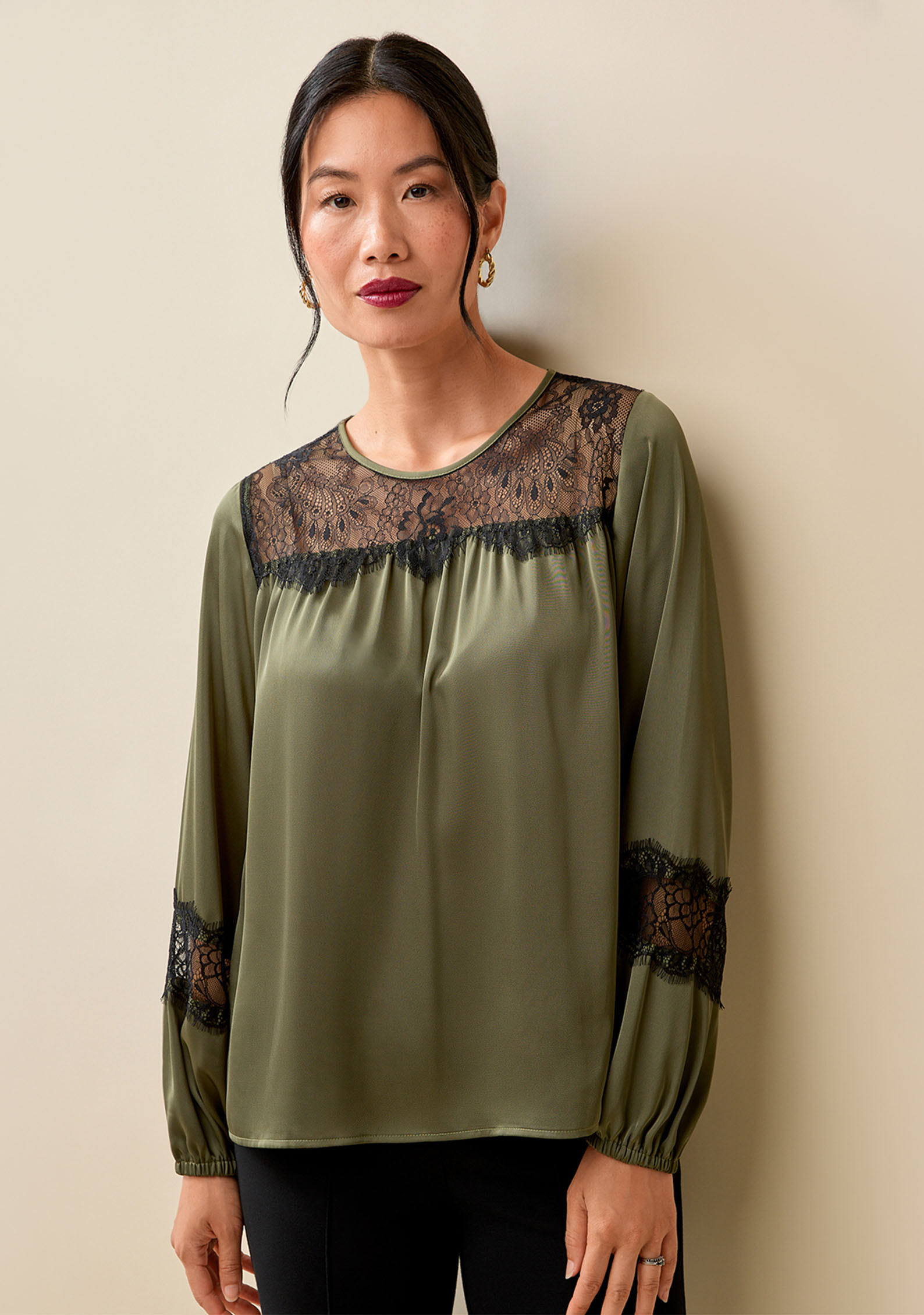 Satin Lace Long Sleeve Blouse