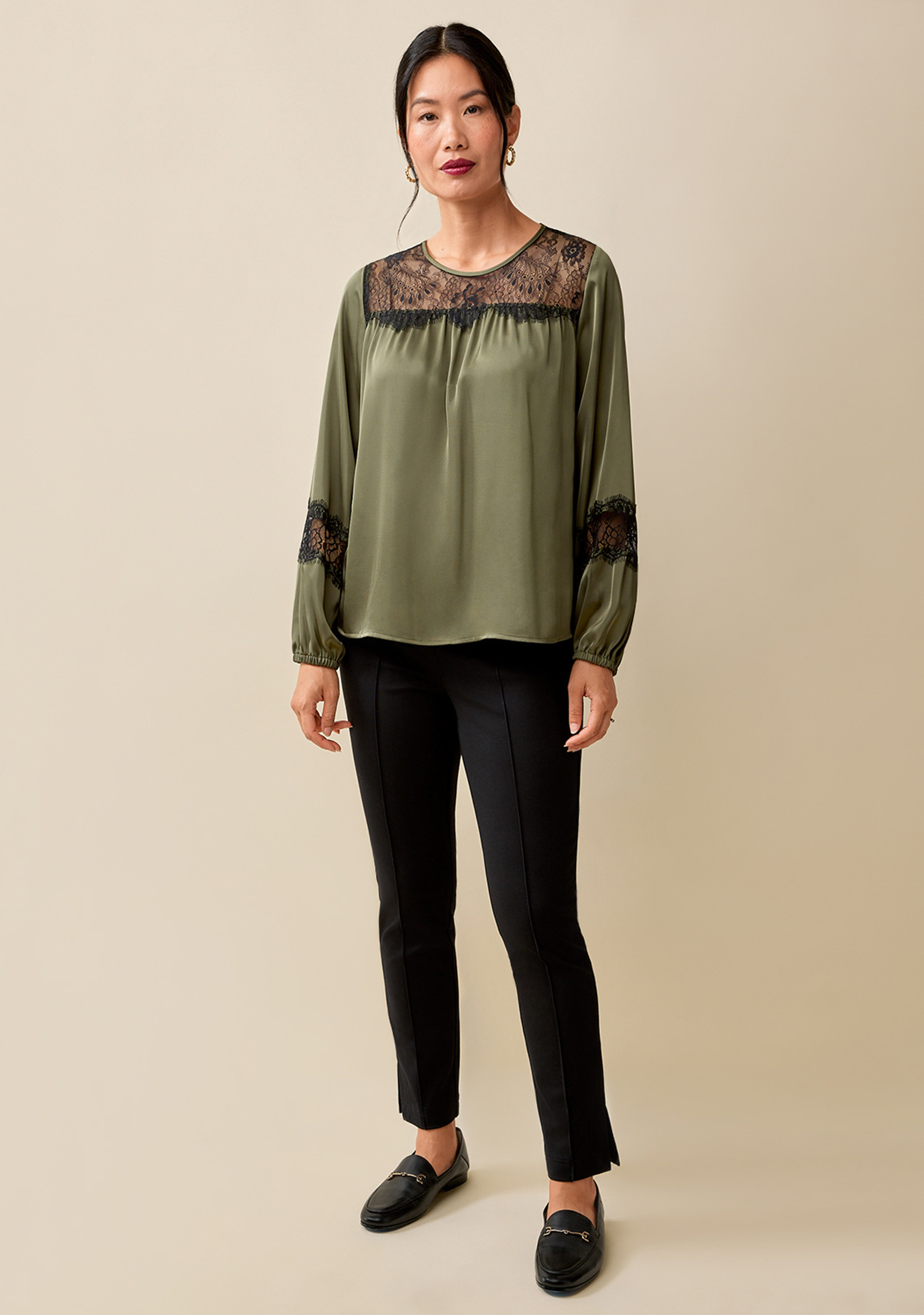 Satin Lace Long Sleeve Blouse Full Body