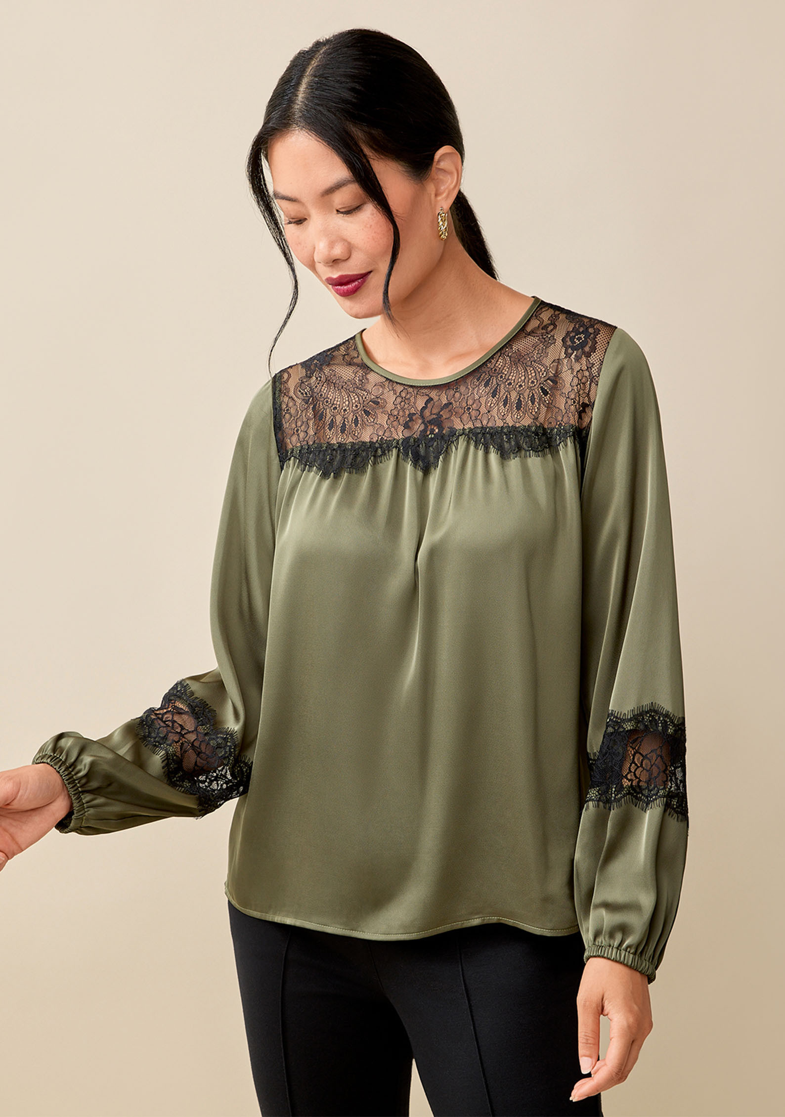 Satin Lace Long Sleeve Blouse Half Body