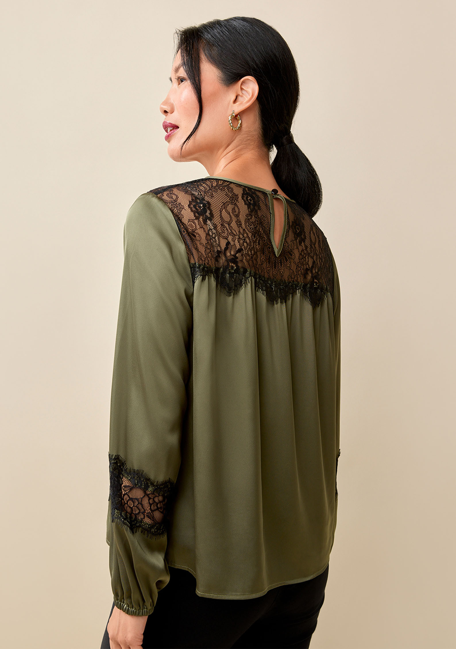 Satin Lace Long Sleeve Blouse Back View