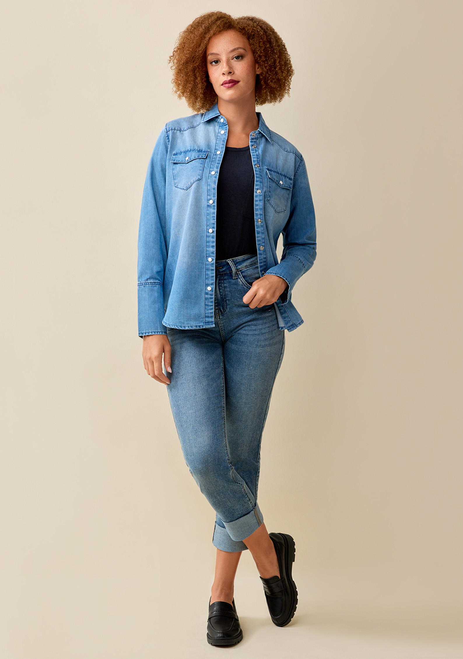 Snap Up Denim Shirt Full Body