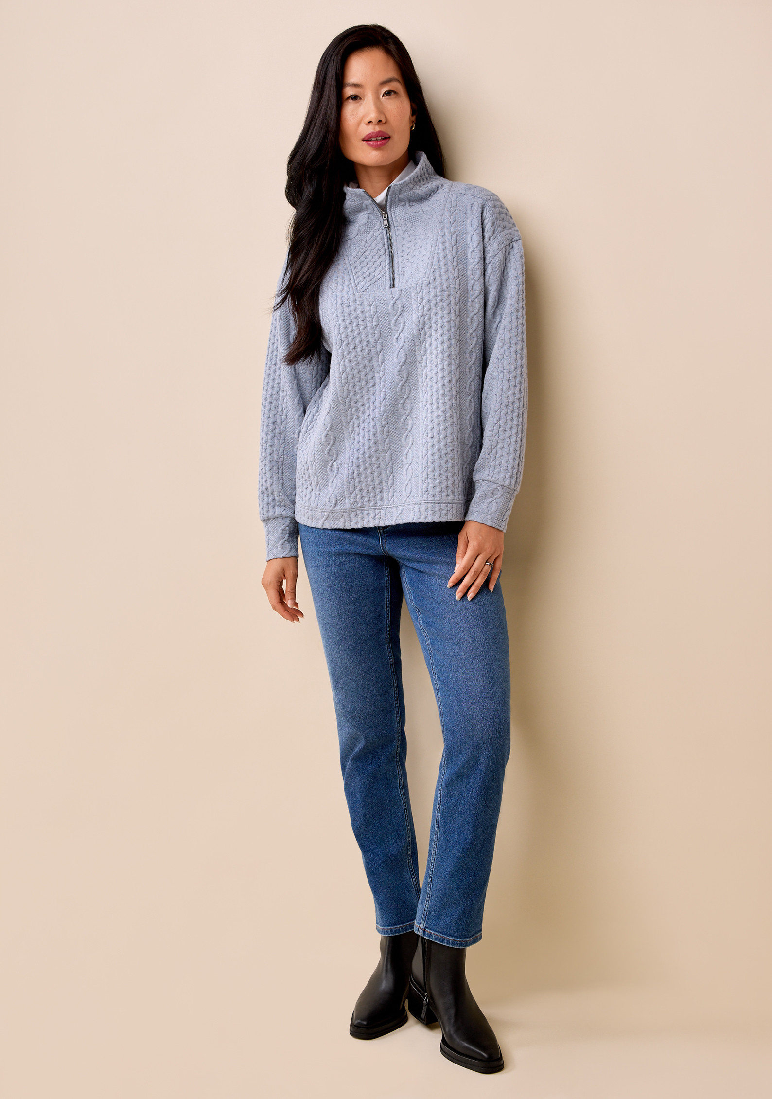 Textured Knit Quarter Zip Full Body - Half Denim Wash Blue