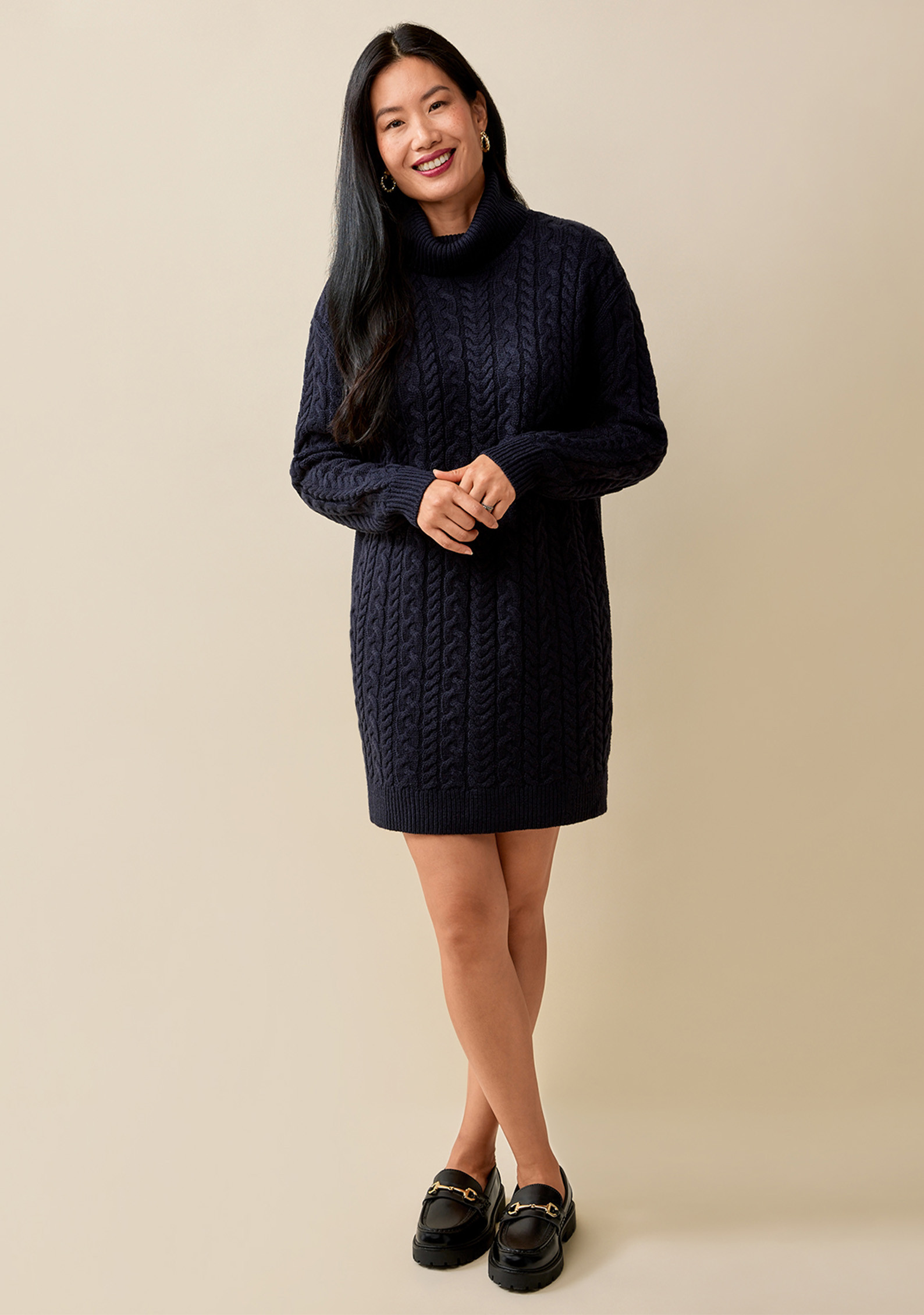Turtleneck Cable Knit Sweater Dress