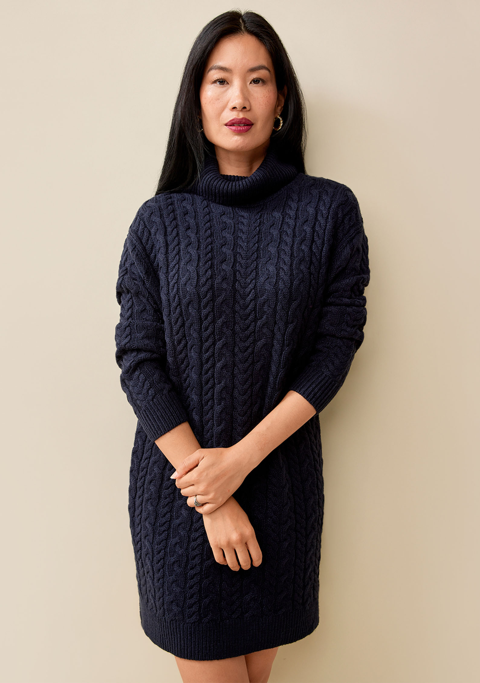 Turtleneck Cable Knit Sweater Dress Front View