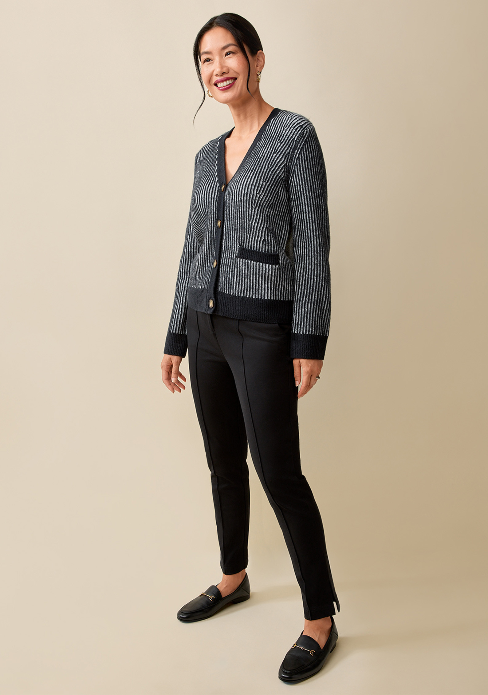 V-Neck Striped Cardigan Full Body