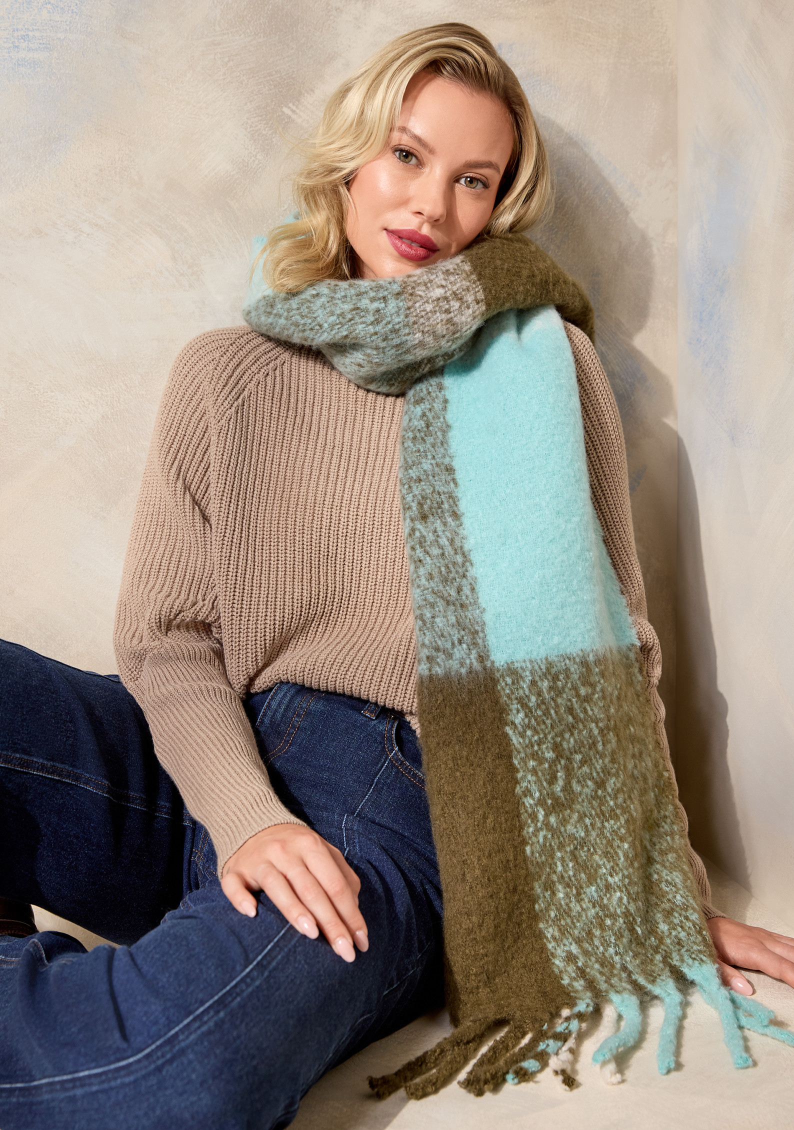Cozy Plaid Scarf with Fringe-on model