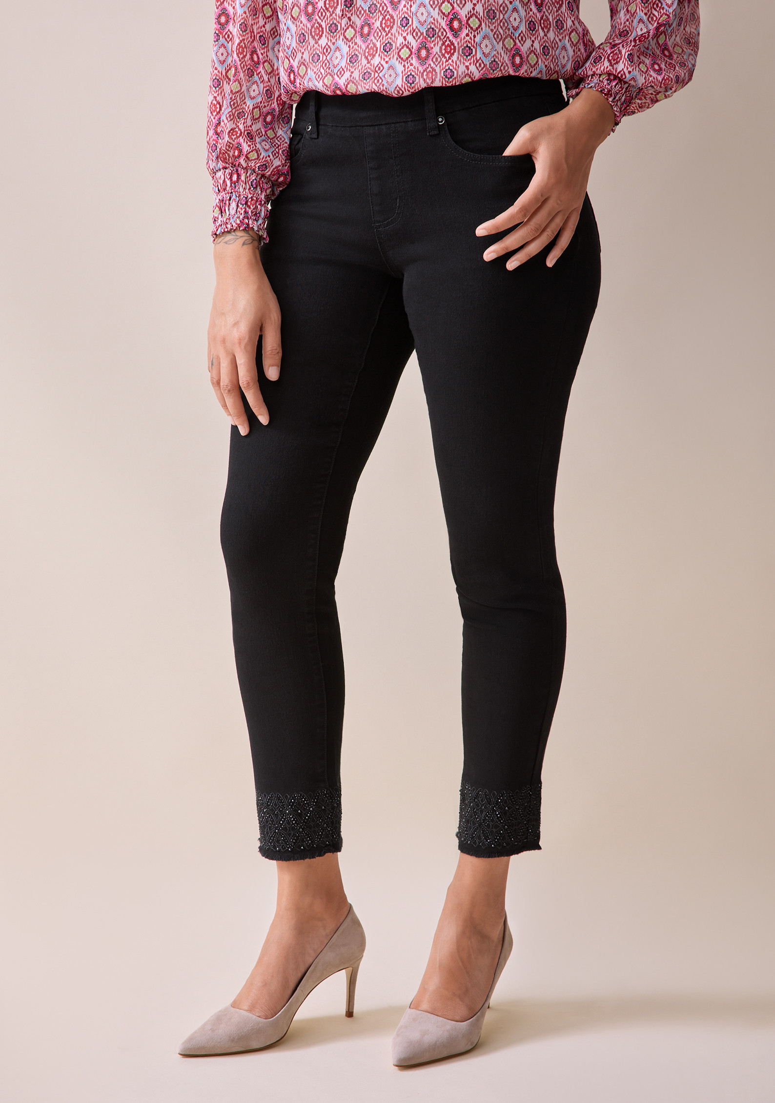 Black Embroidered Hem Comfort Jean Half Body
