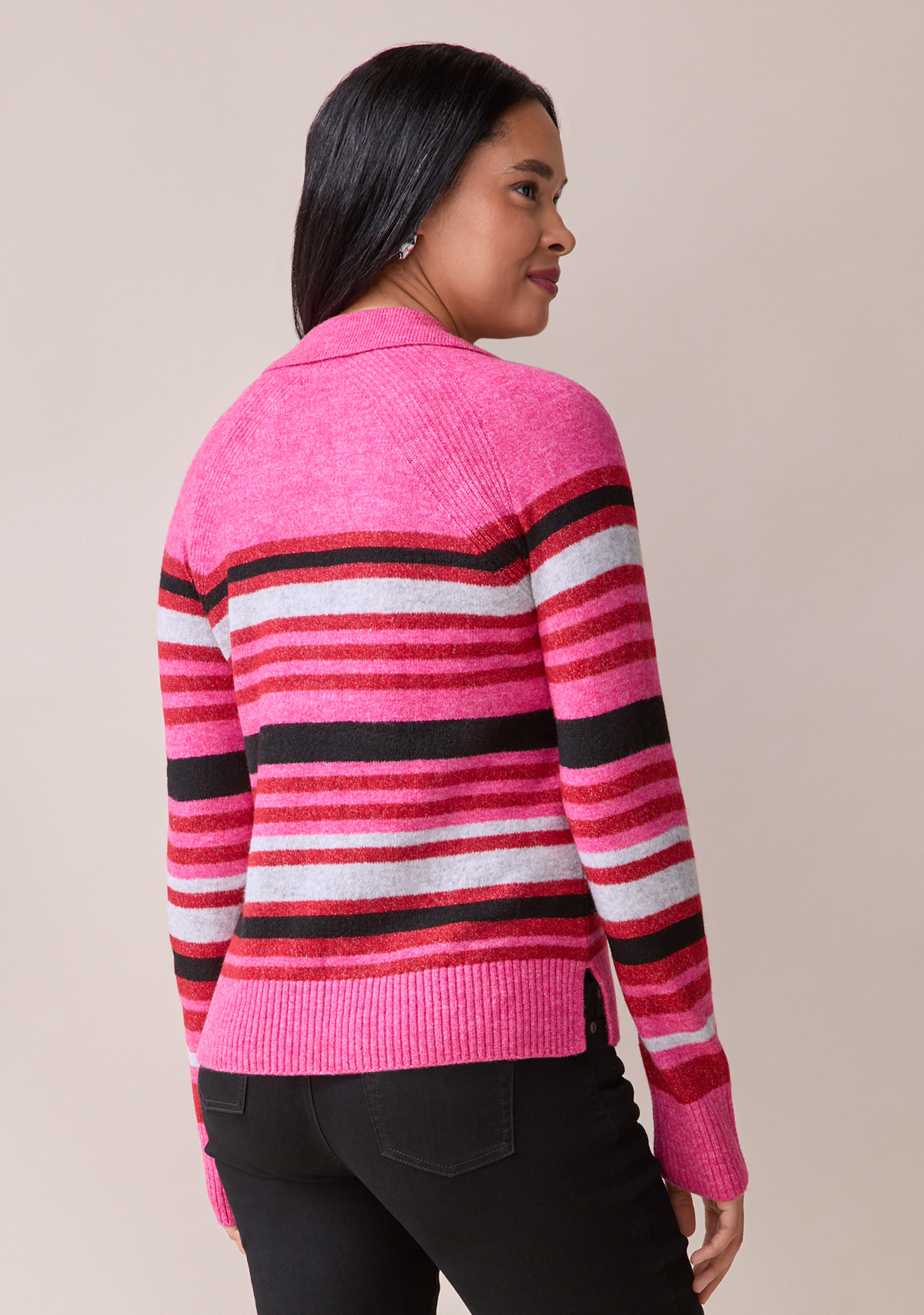 Cozy Johnny Collar Striped Sweater Back View