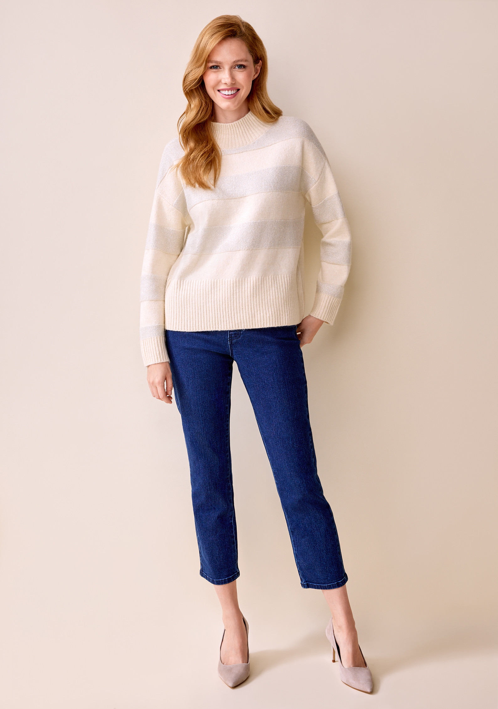 Mockneck Silver Striped Sweater Full Body