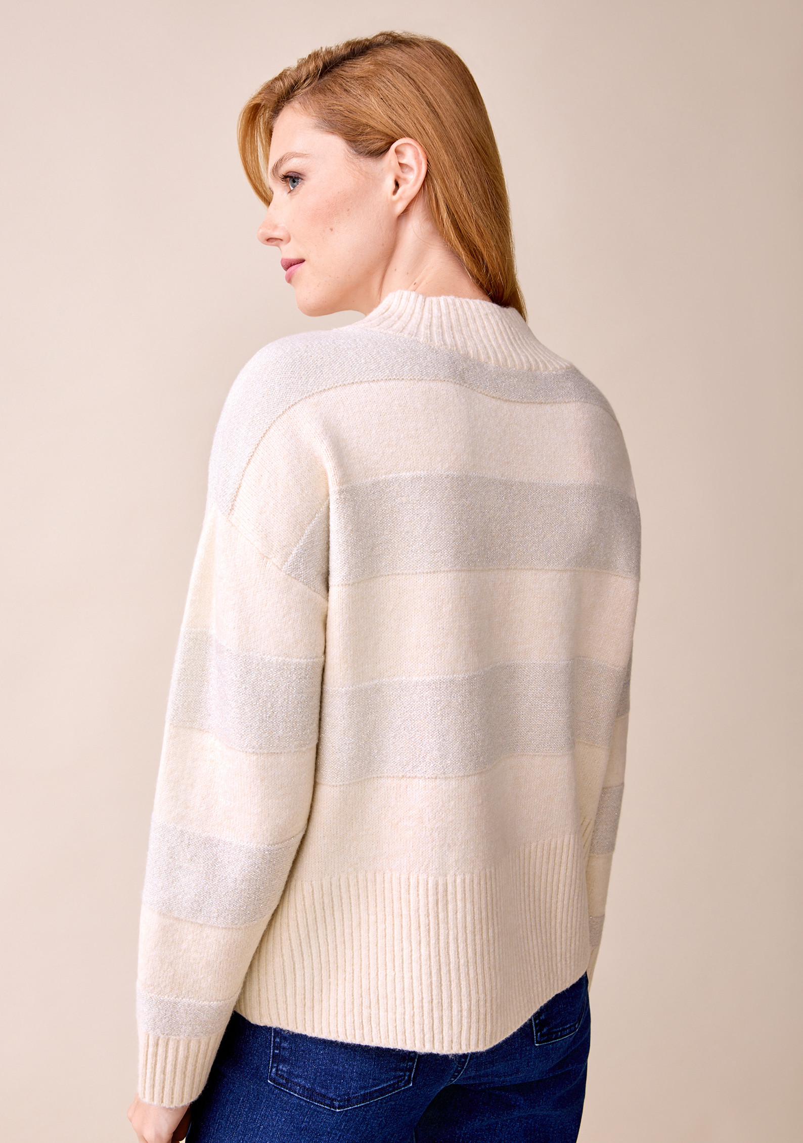 Mockneck Silver Striped Sweater Back View