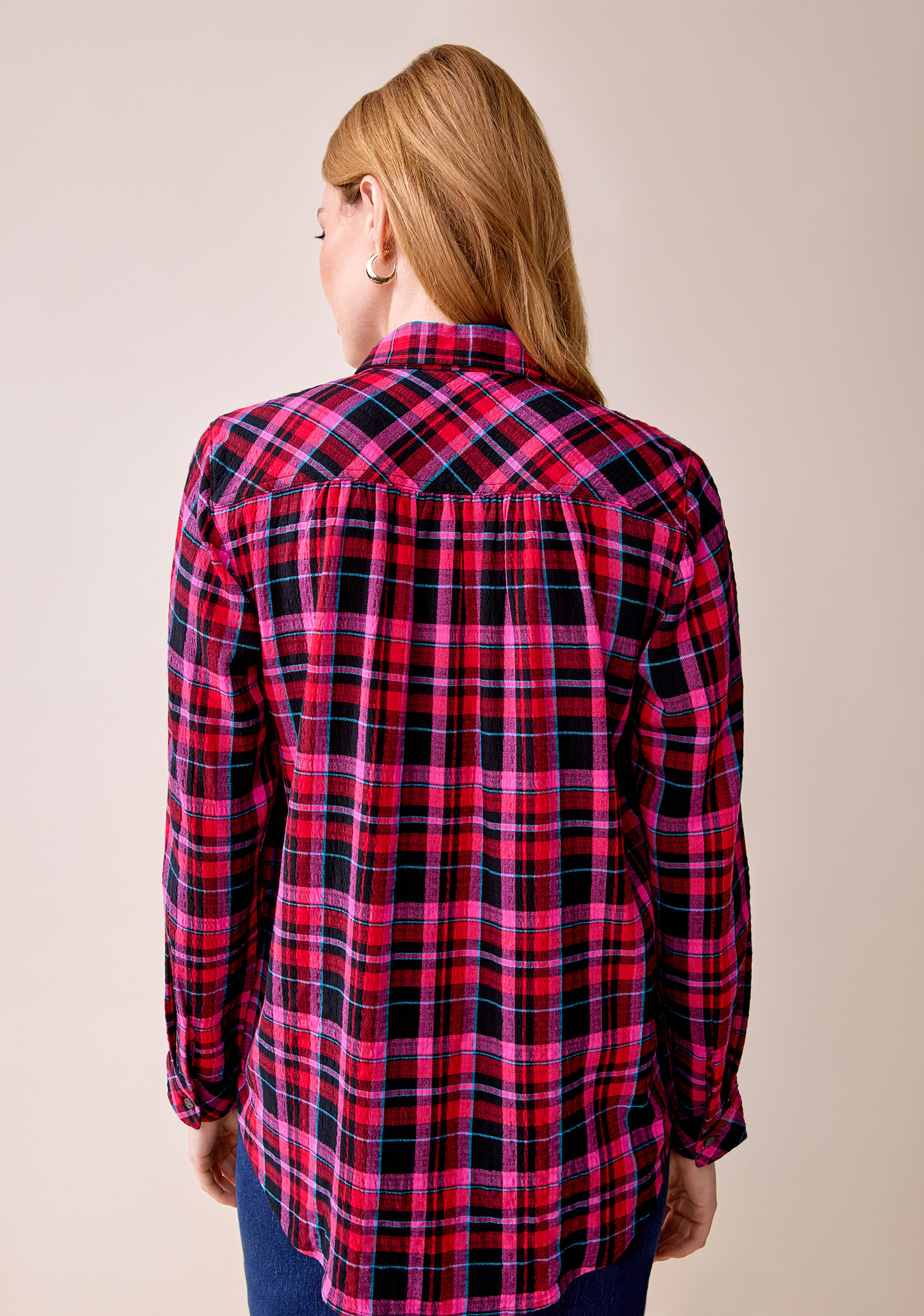 Pink Plaid Long Sleeve Shirt Back View