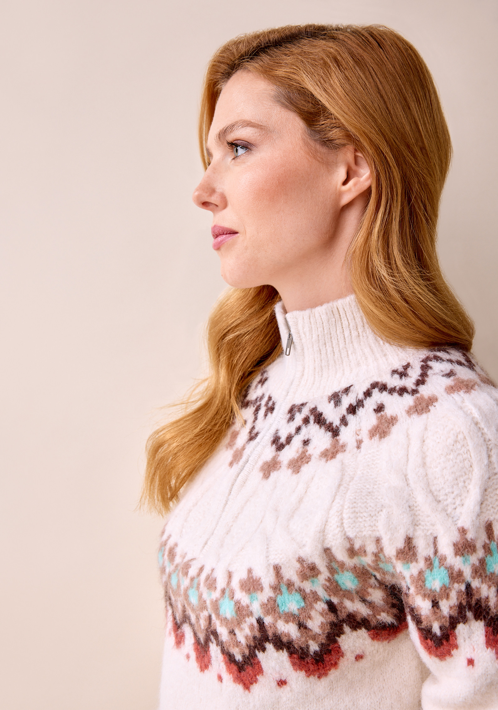 Textured Fairisle Quarter Zip Sweater Side View