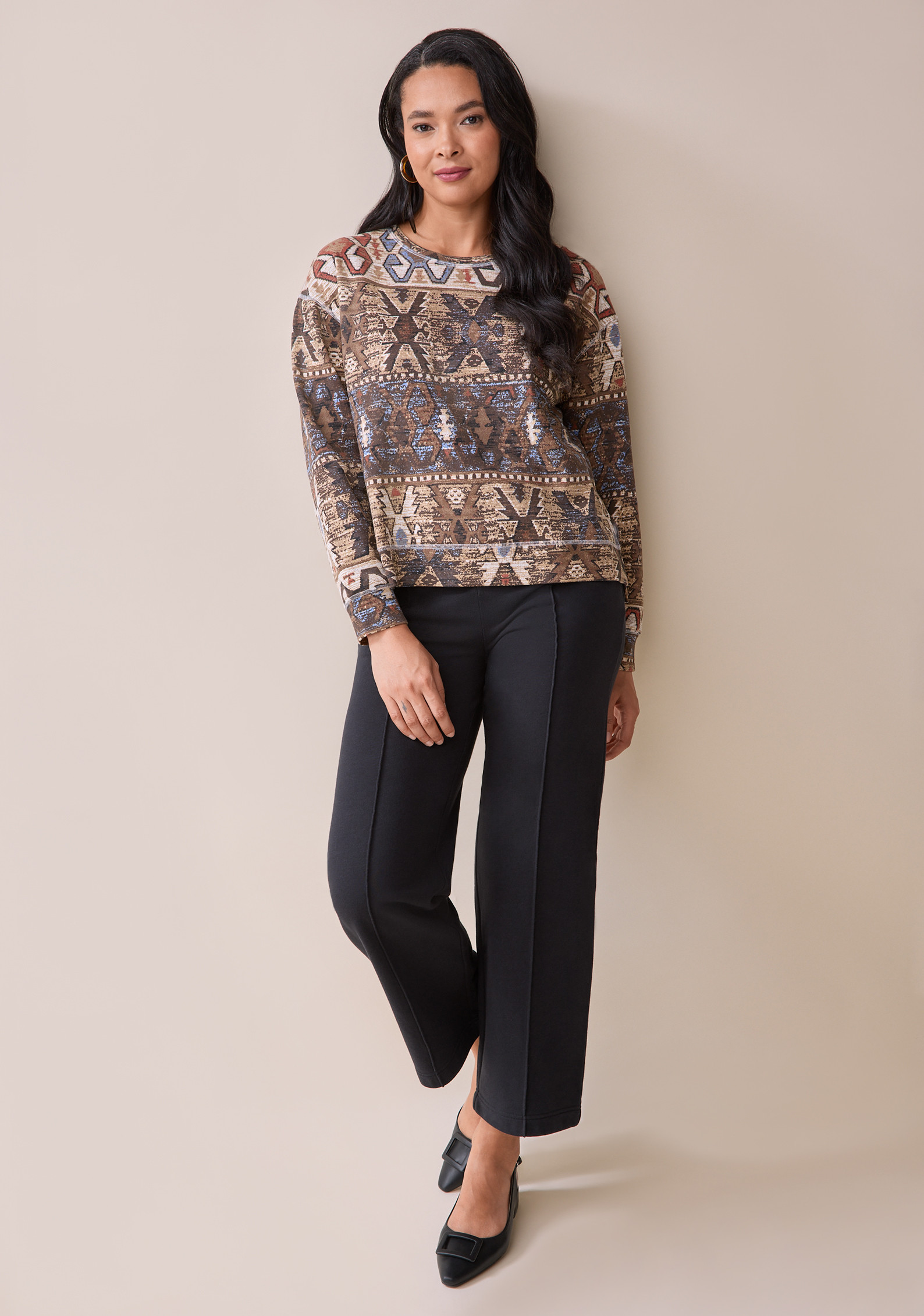 High-Low Printed Long Sleeve Top Full Body