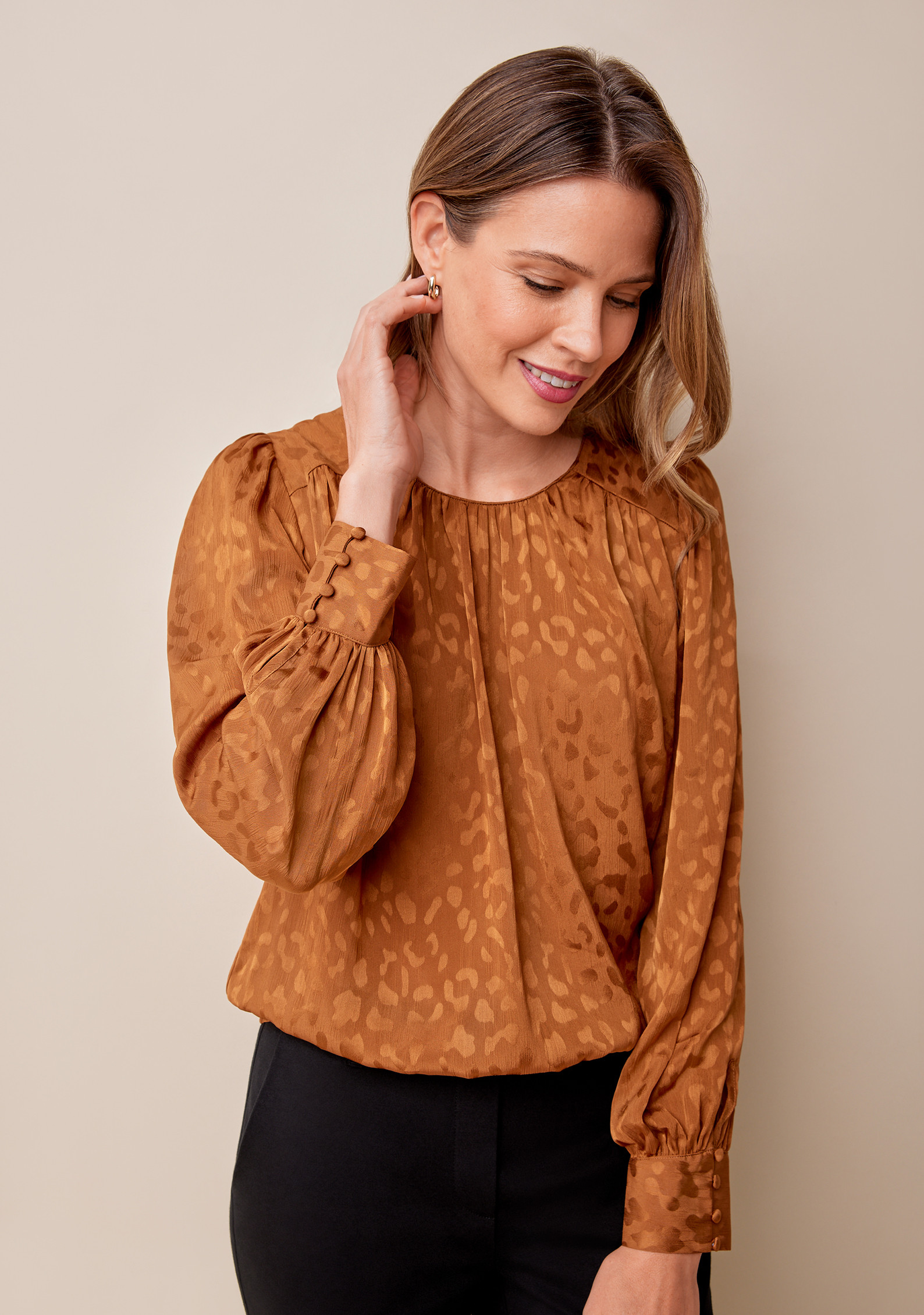 Holiday Popover Button Cuff Blouse