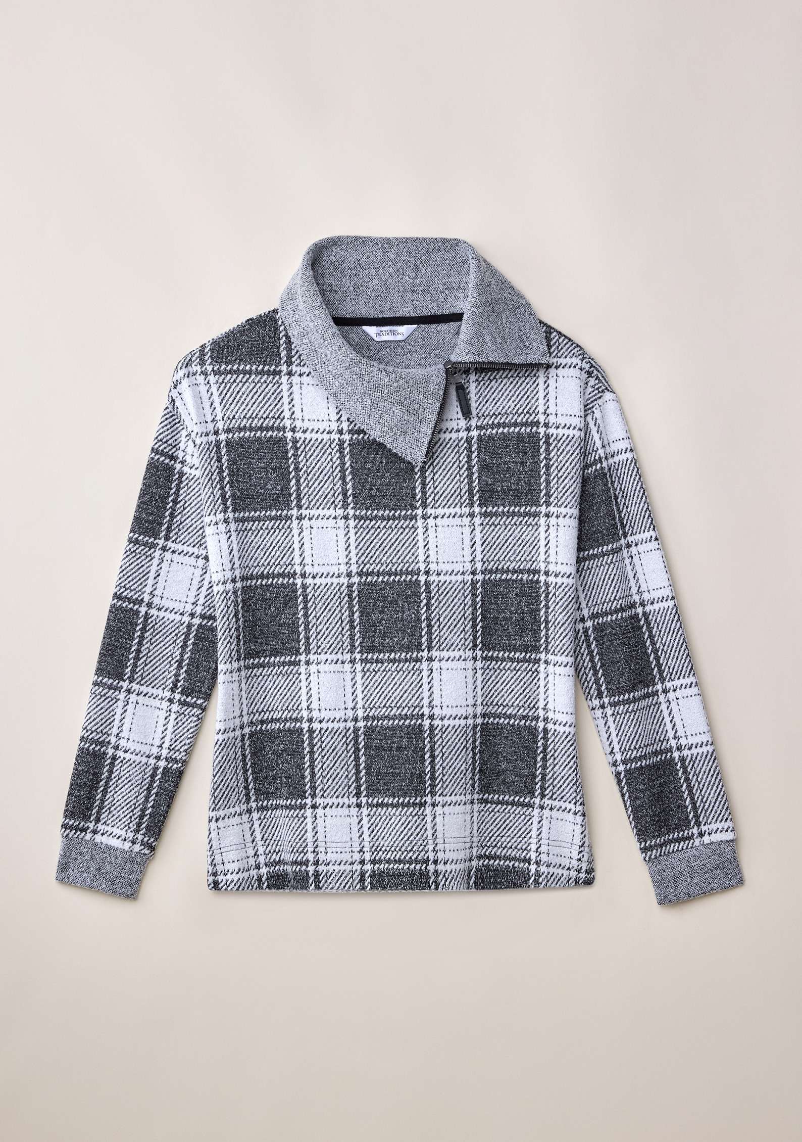 Zip Cowl Plaid Knit Top