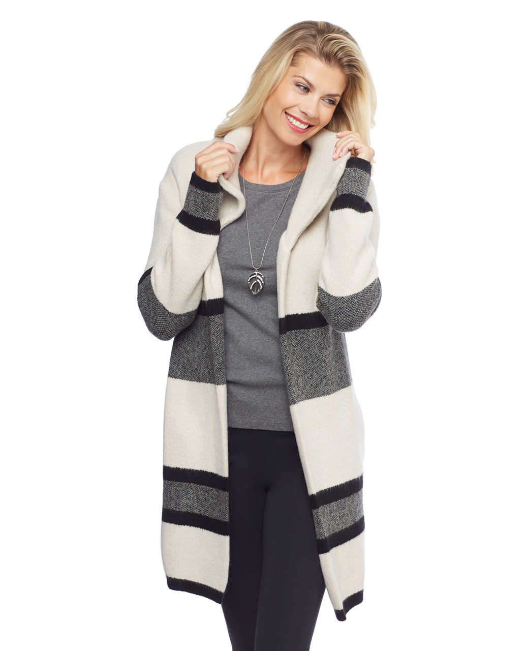 Woman in colour block stripe long cardigan coat