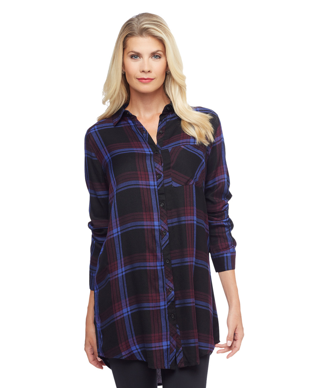 Woman in multi colour plaid tunic shirt