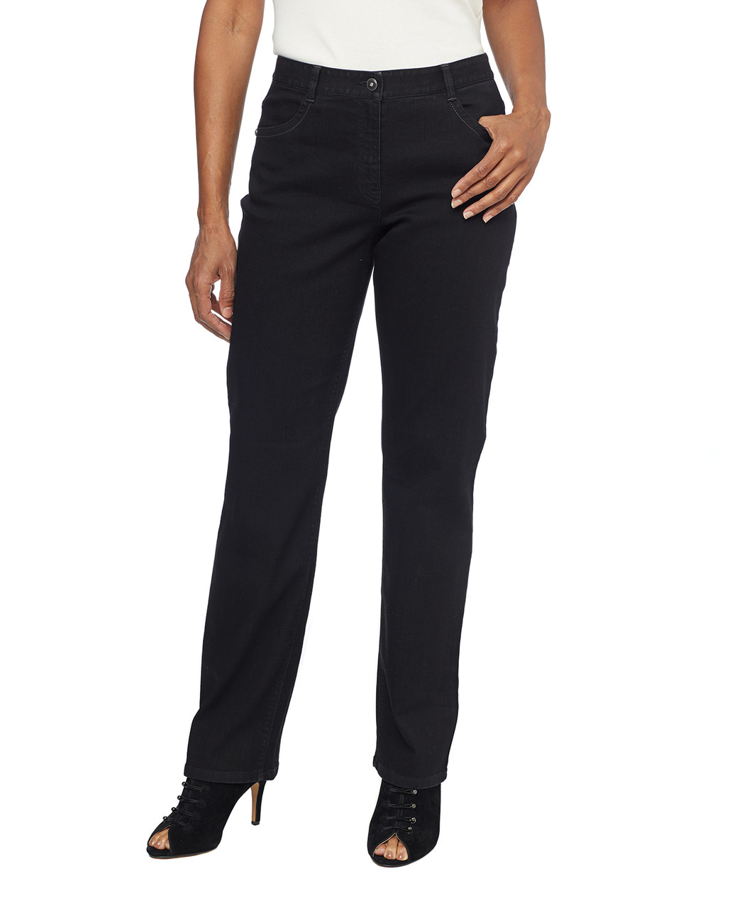 Woman in black stretch mid rise jeans