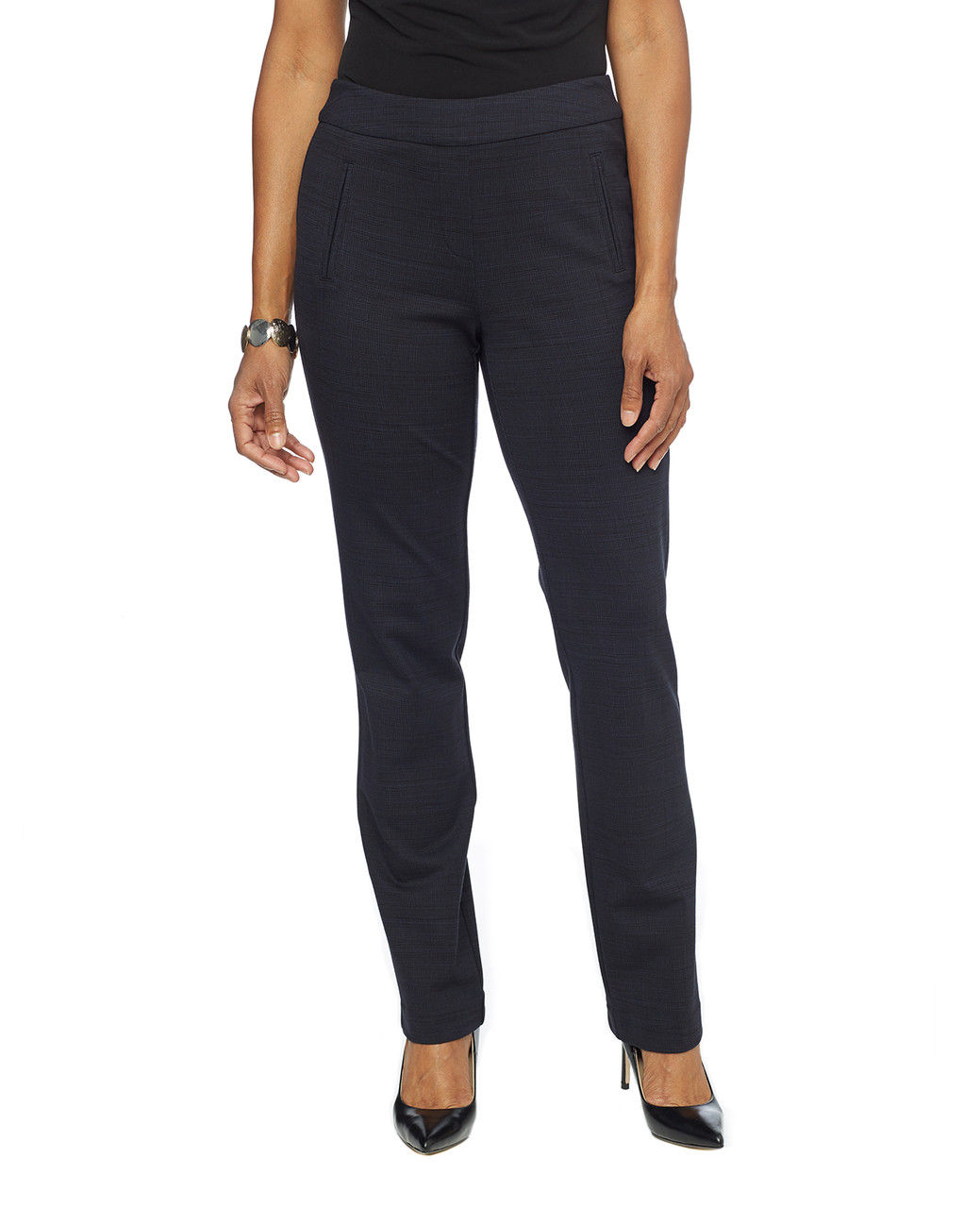 Woman in navy slim ponte pants