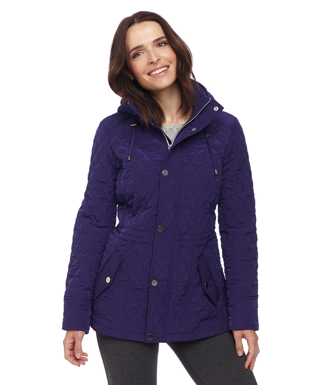 Woman in purple quilted hooded outerwear jacket