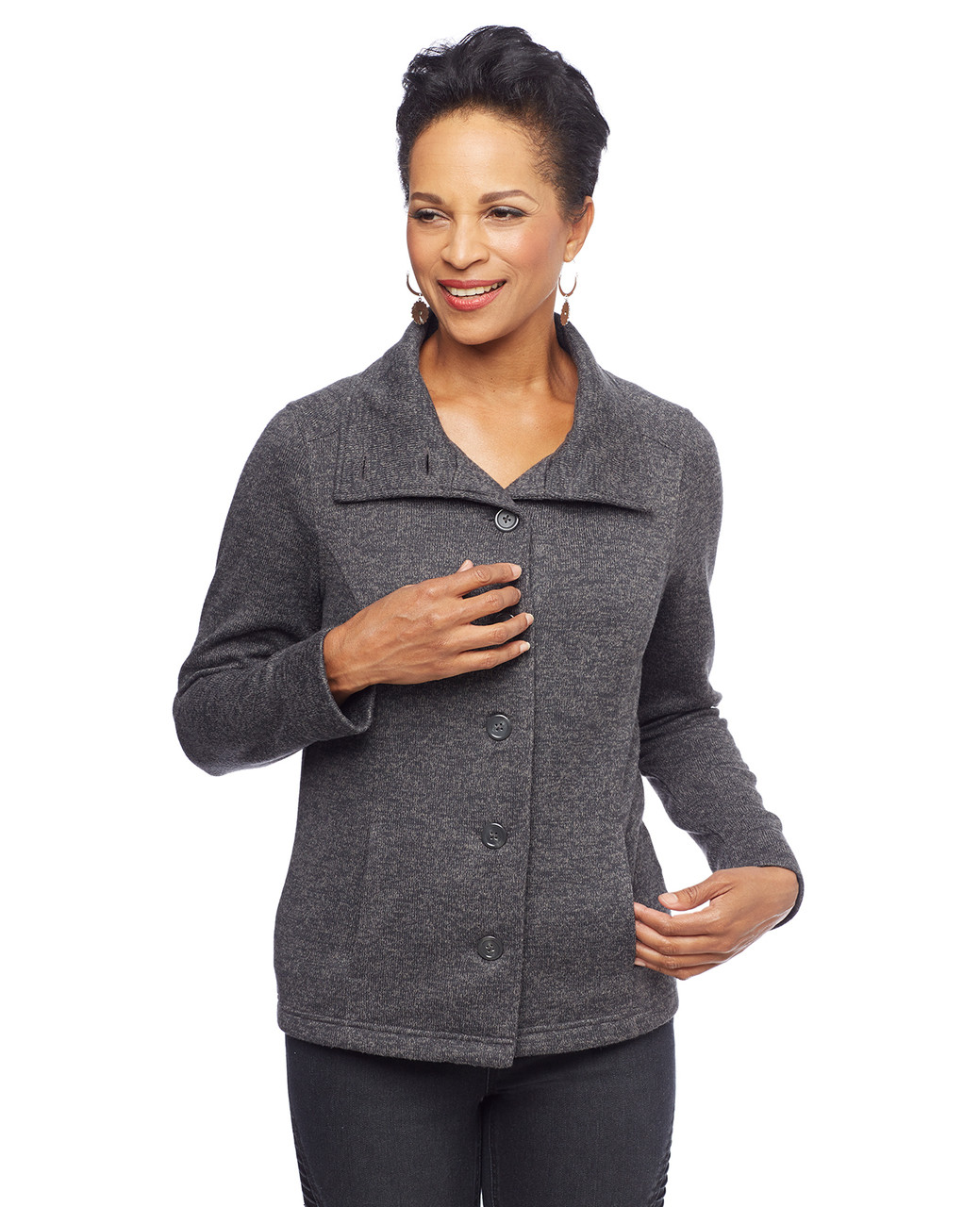 Woman in stand collar button front jacket