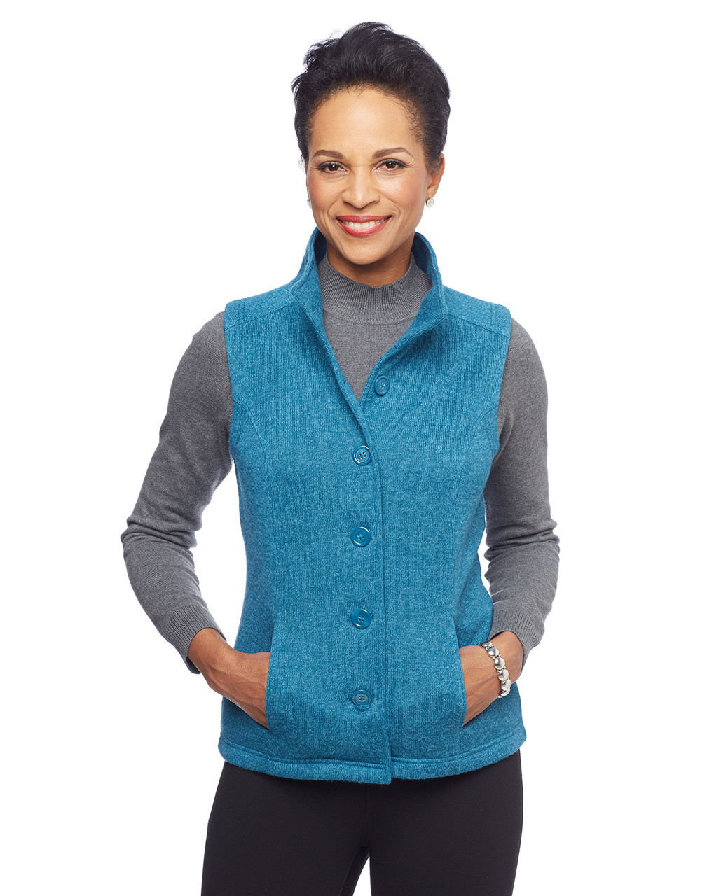 Woman in stand collar button front vest