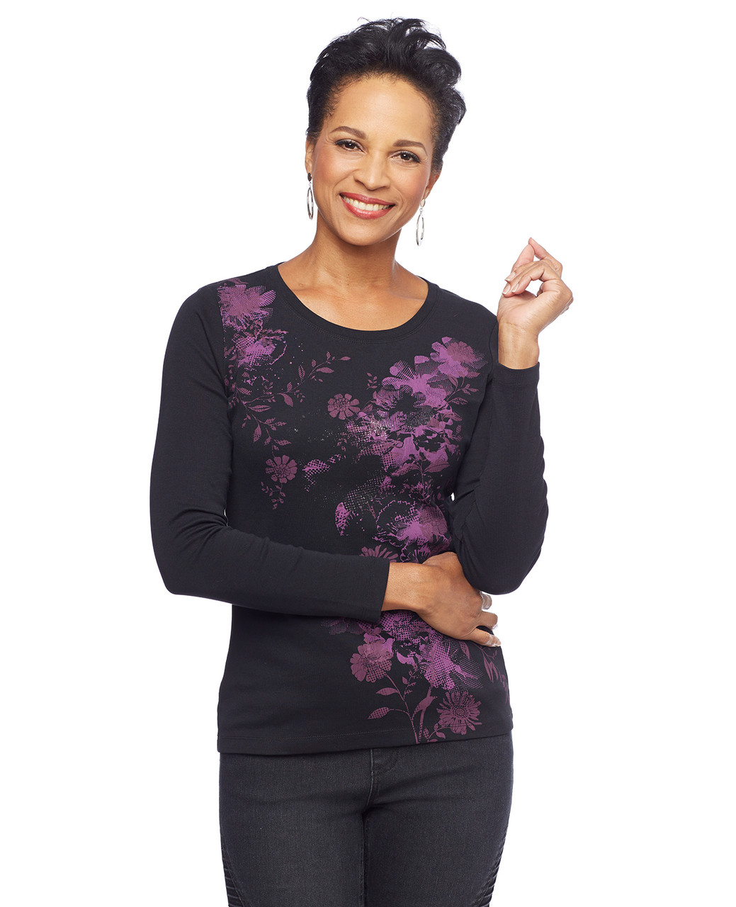 Woman in black floral crewneck sweater