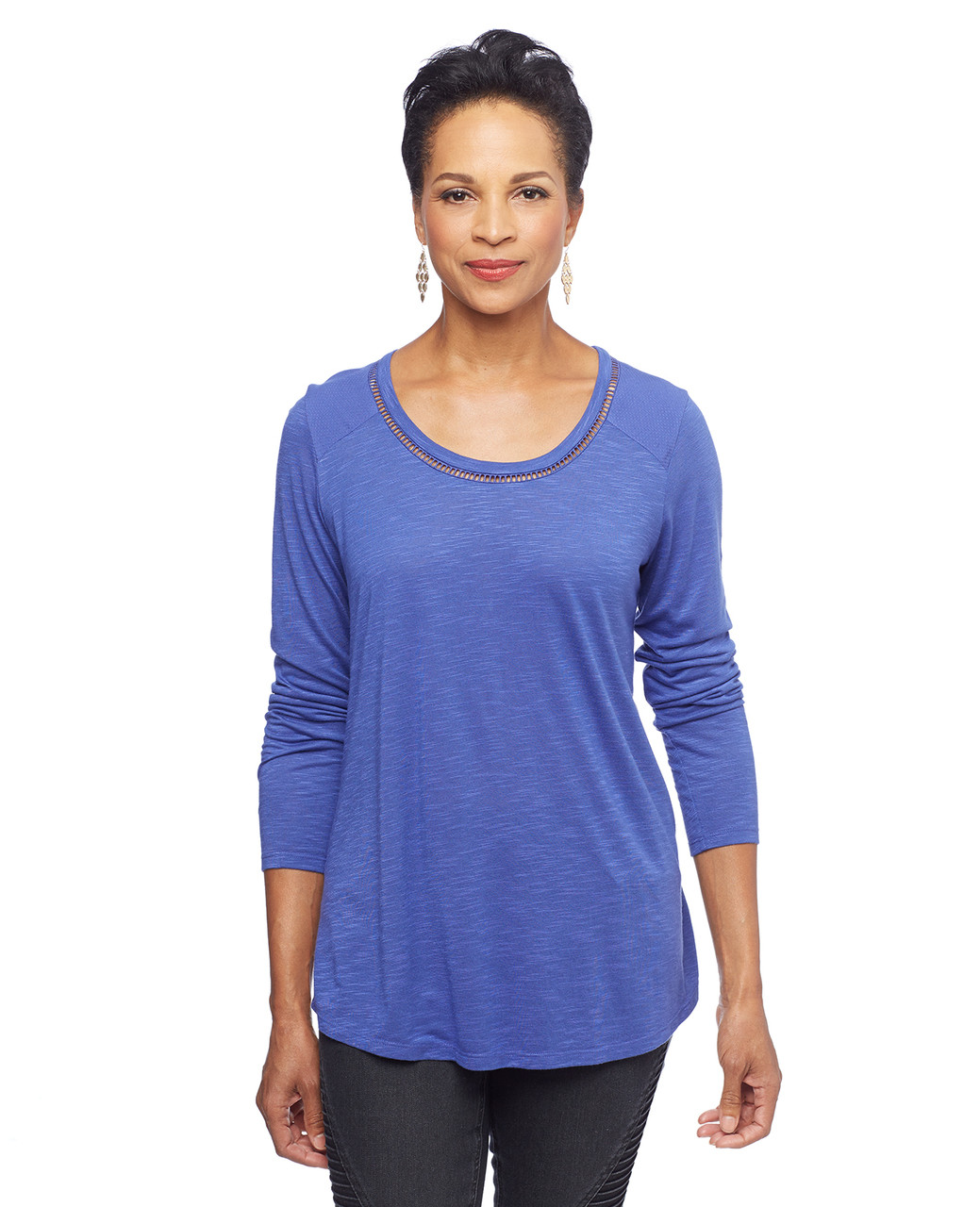 Woman in blue knit tunic