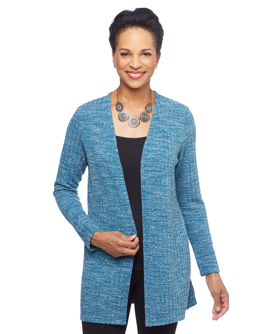 Woman in teal blye ribbed long open front cardigan