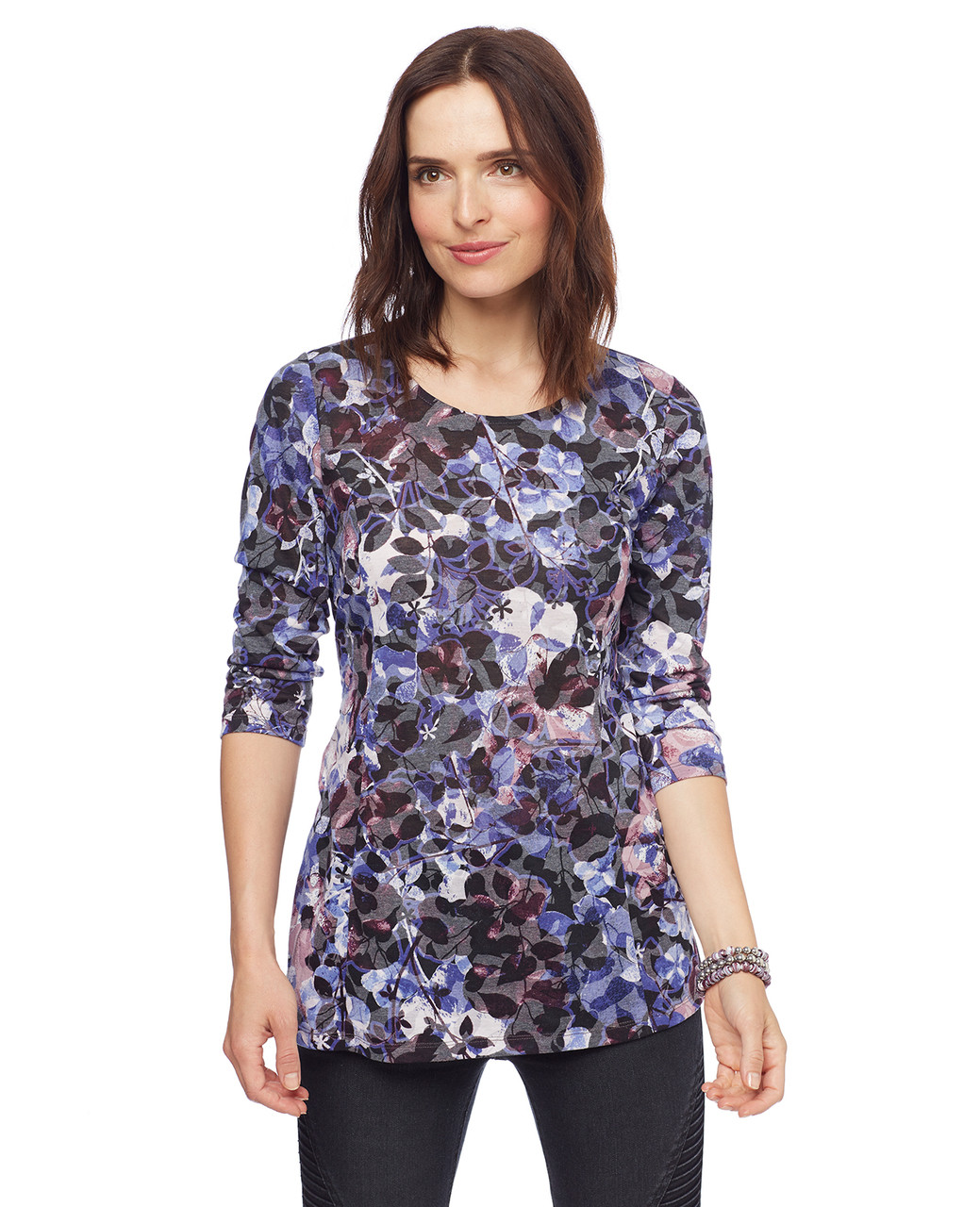 Woman in printed crewneck blouse
