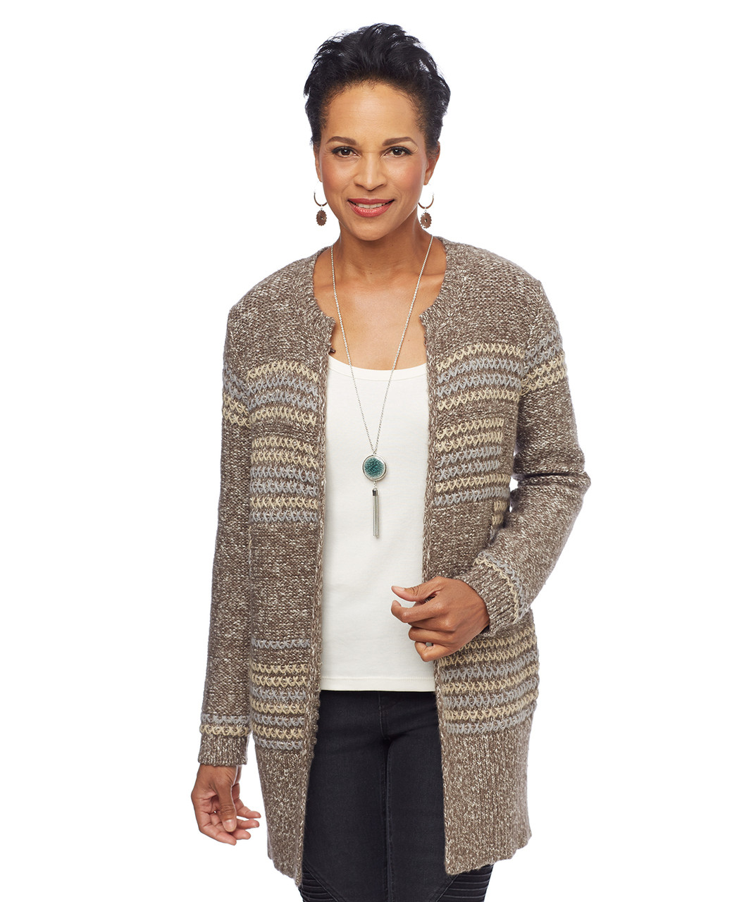 Woman in tan long cardigan coat