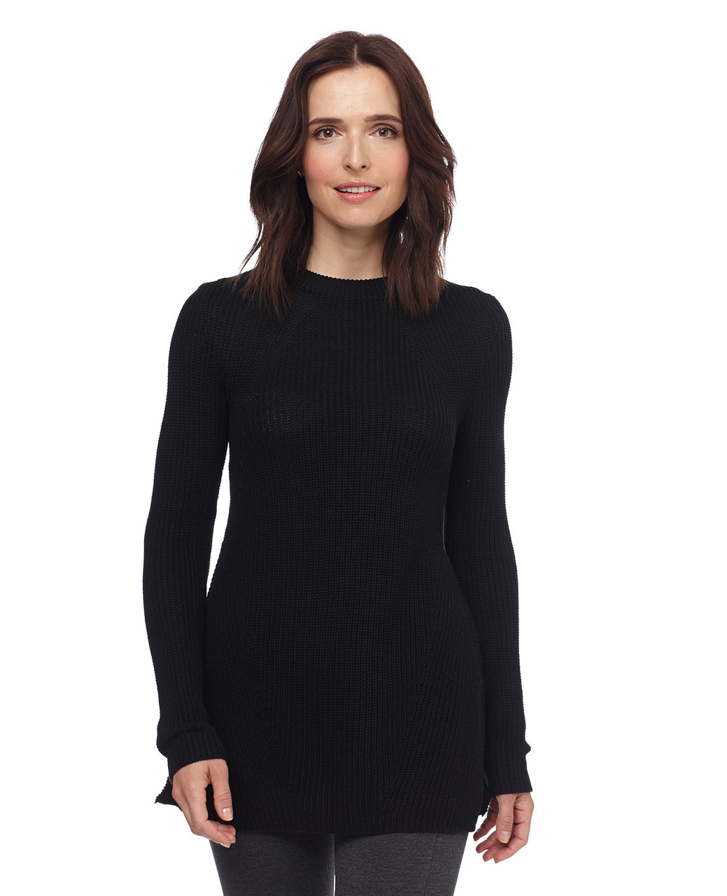 Woman in black side slit pullover sweater