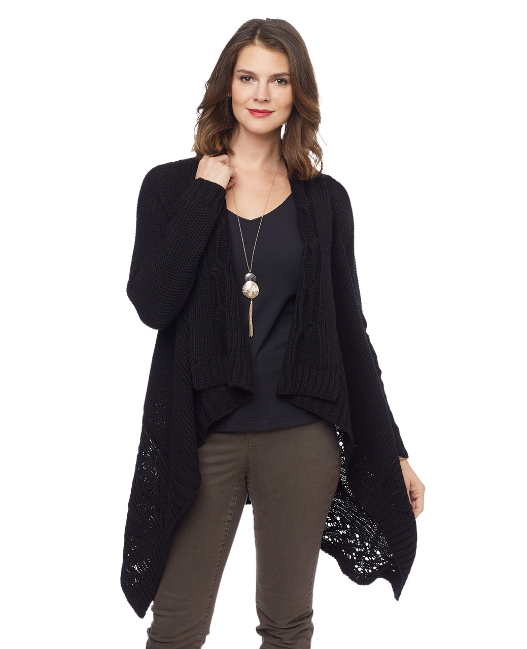Northern Reflections black long waterfall cardigan with cable knit detail