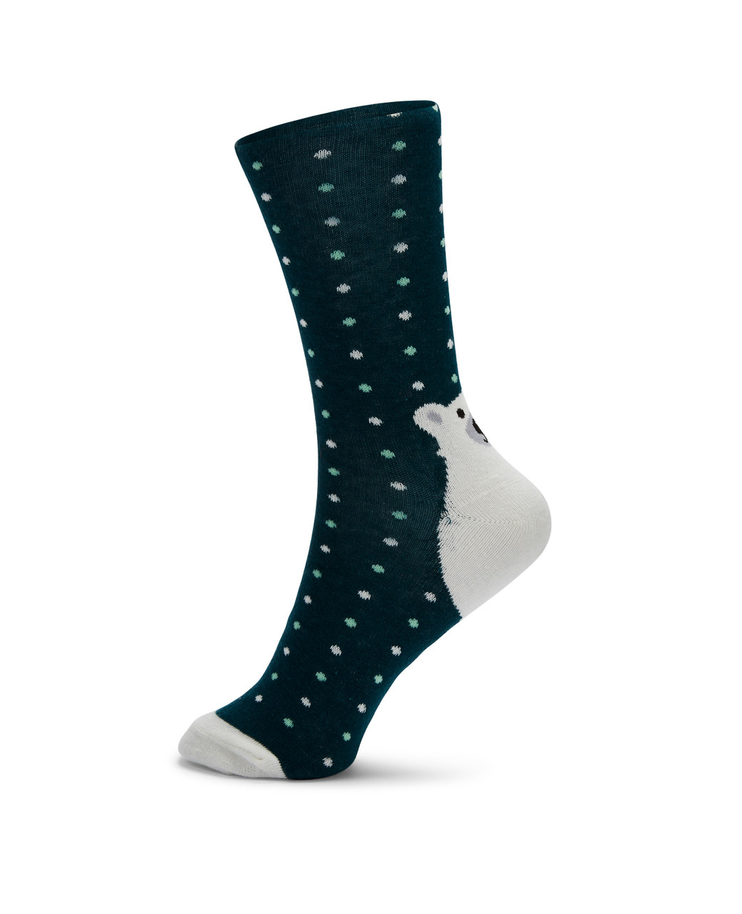 Teal polka dot socks with white polar bear on the heel