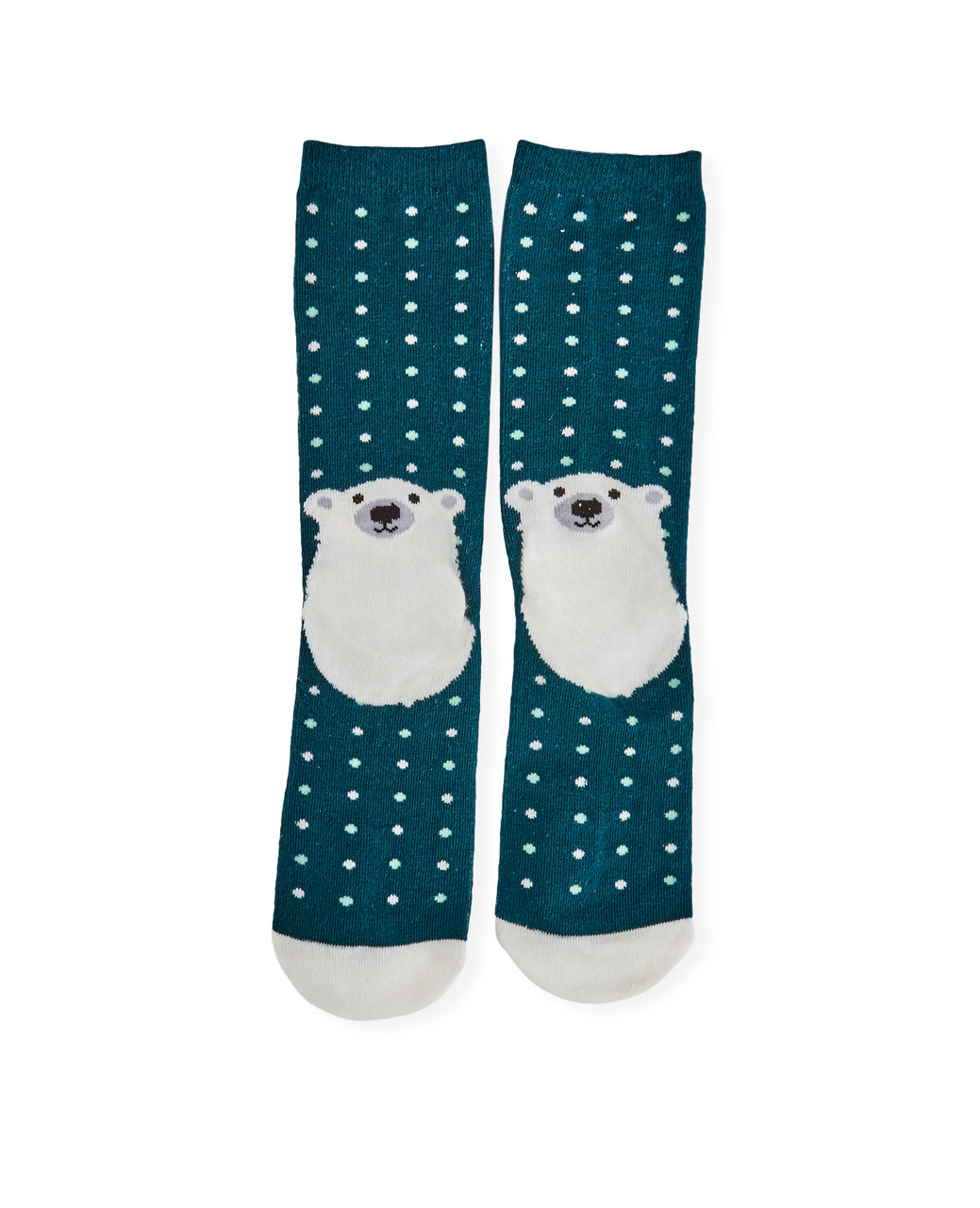 Teal polka dot socks with white polar bear on the heel