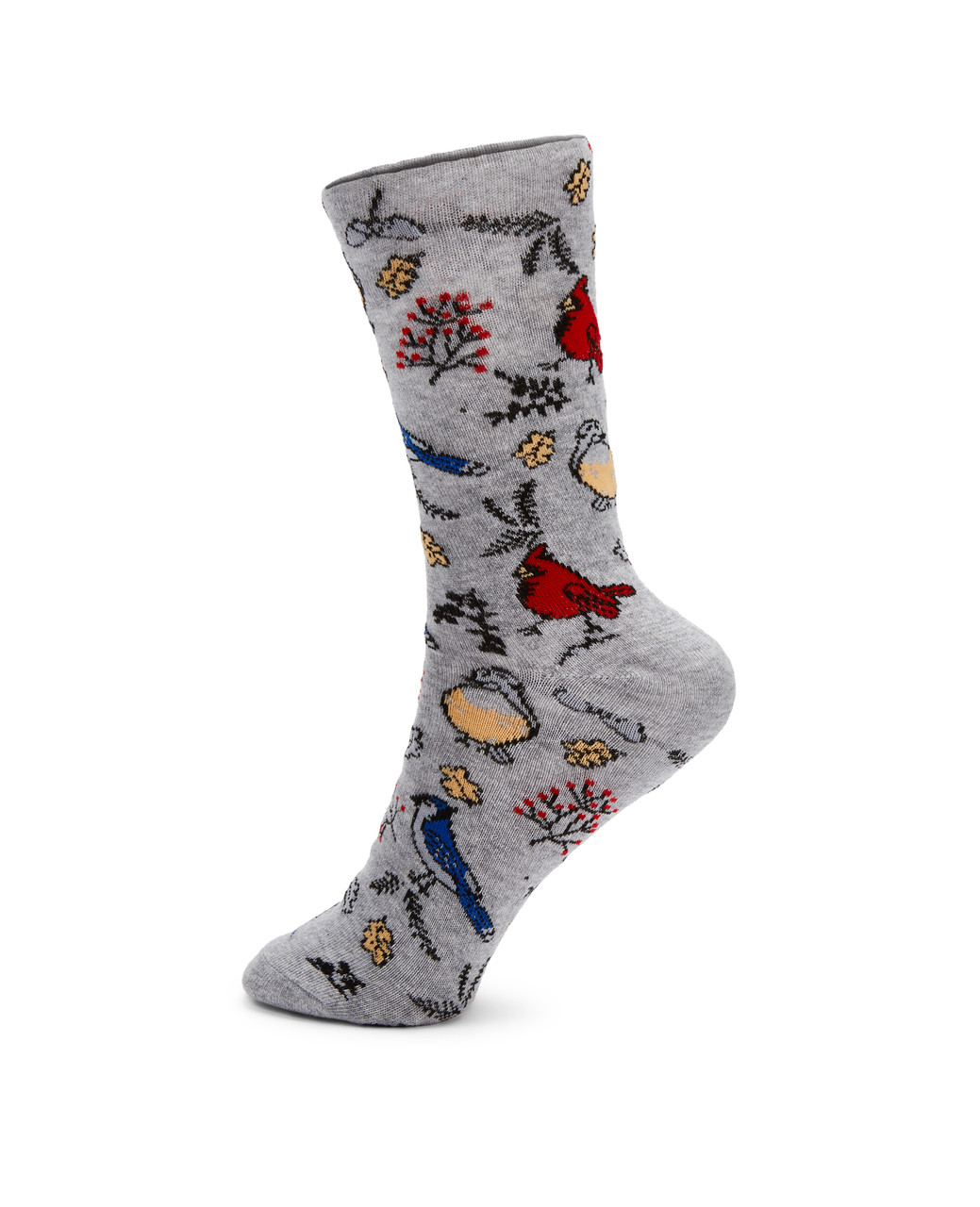 Printed birds on a light grey sock.