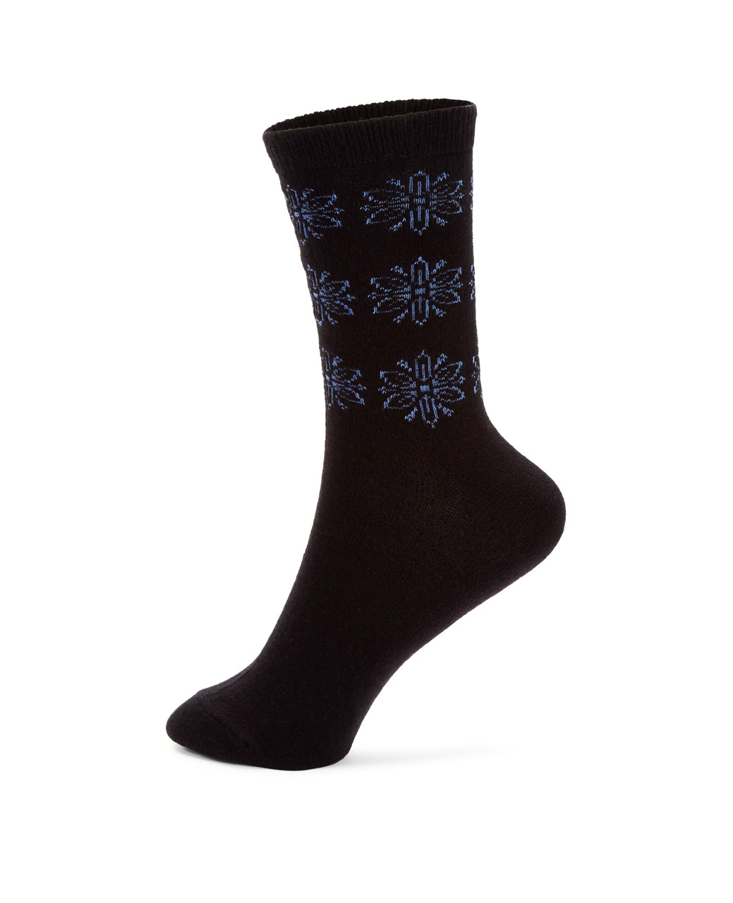 Black cotton socks with blue flowers around the ankle and upper sock.