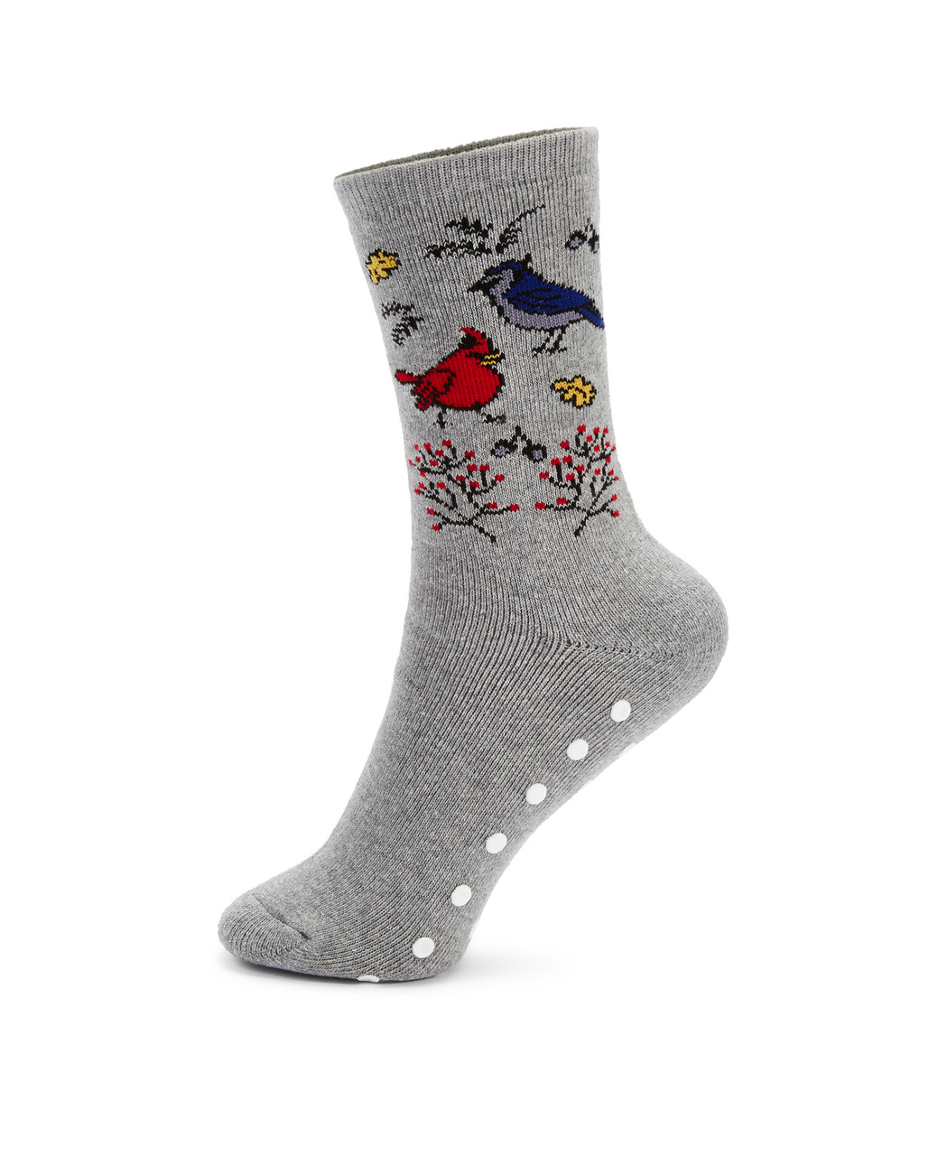 Light grey socks with printed birds and bottom slip grips.