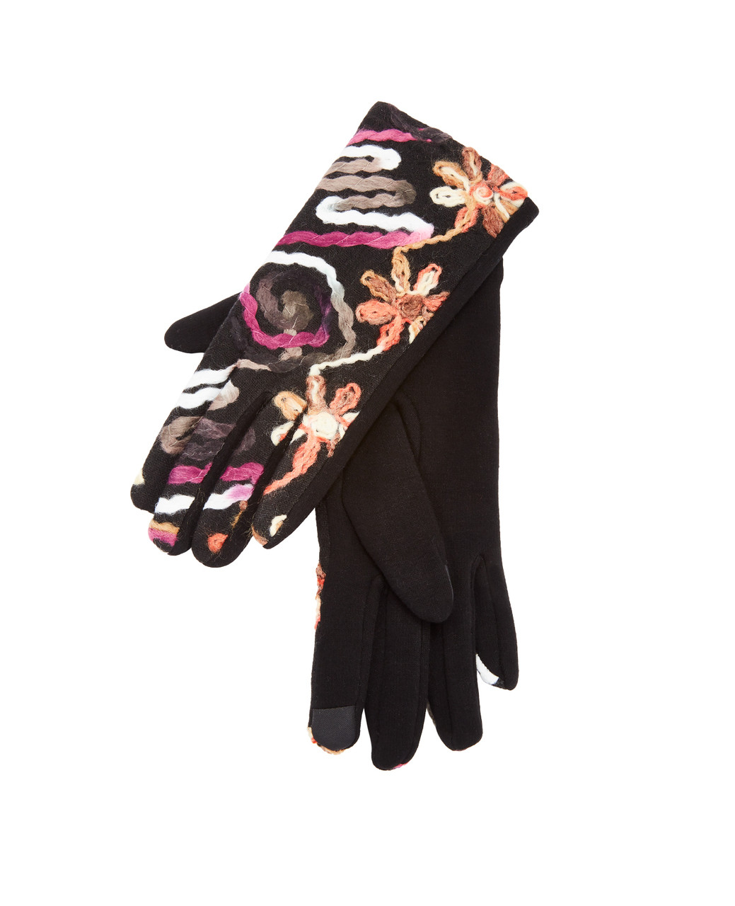 Embroidered floral texting gloves in various colours on a brown ground.