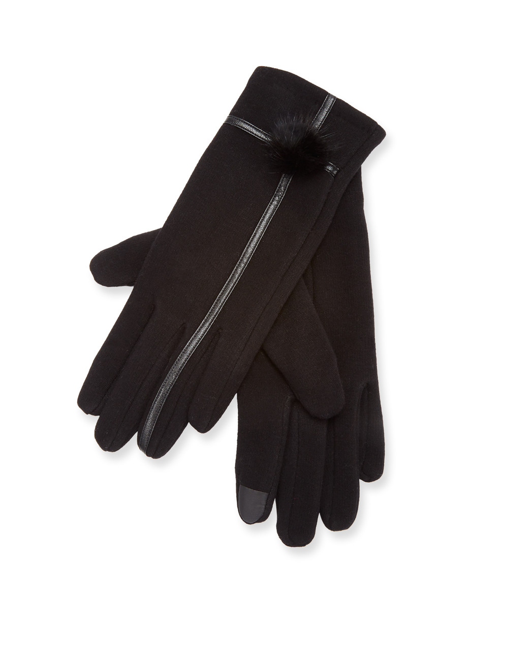 Black pom Pom texting gloves with pleather trim