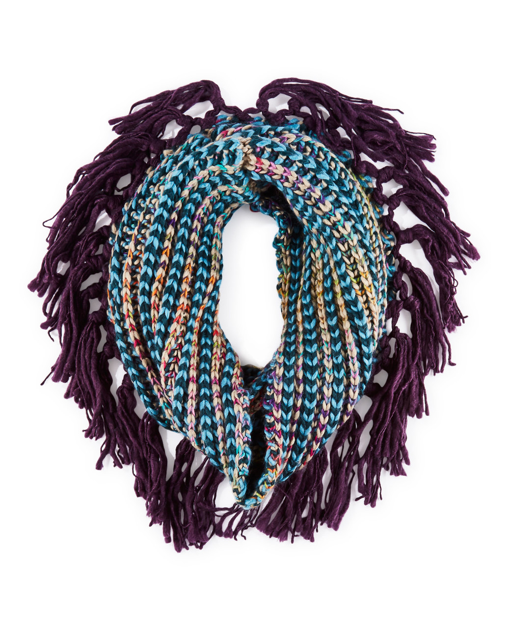 Woman's knitted infinity scarf with fringe