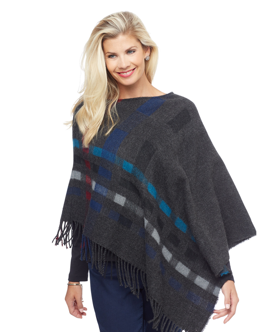 Woman's dark grey plaid poncho with tassels